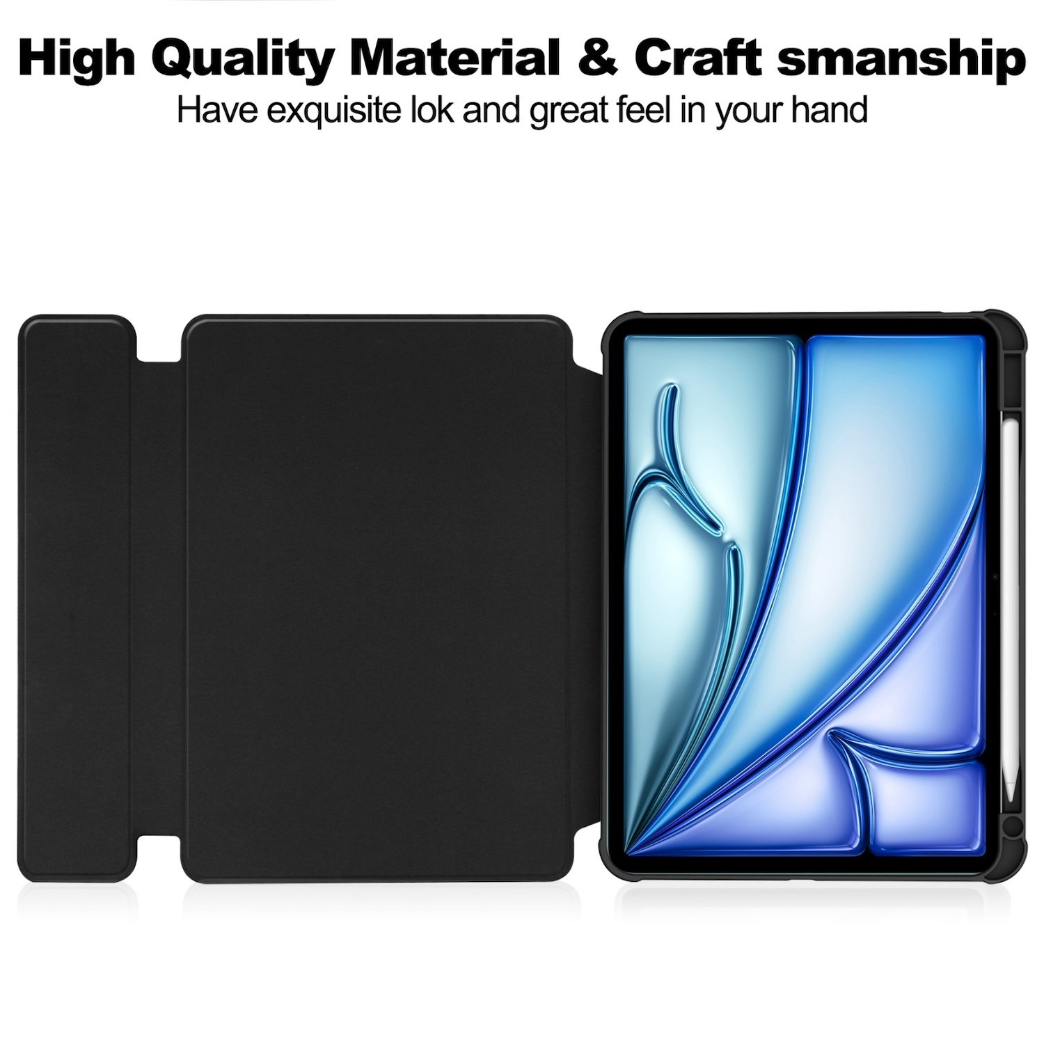 Funda negra para tableta abierta, con una tableta dentro y un lápiz. Texto: Material y artesanía de alta calidad.