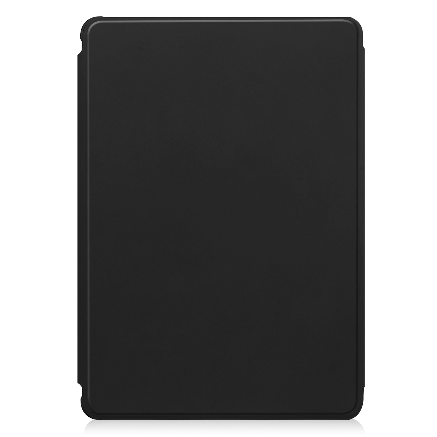 Funda negra para tableta, cerrada, con una superficie oscura y lisa.