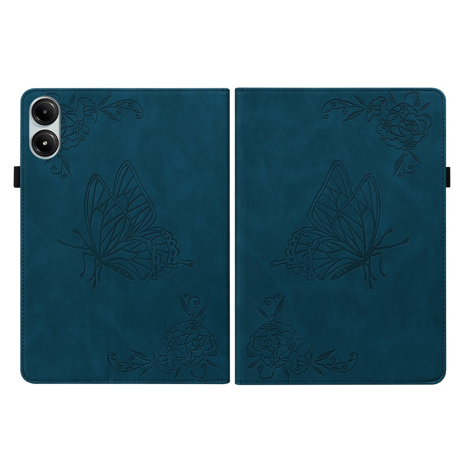 Eine blaue Tablet-Hülle aus Leder, geöffnet, um Schmetterlings- und Blumenmuster zu zeigen.