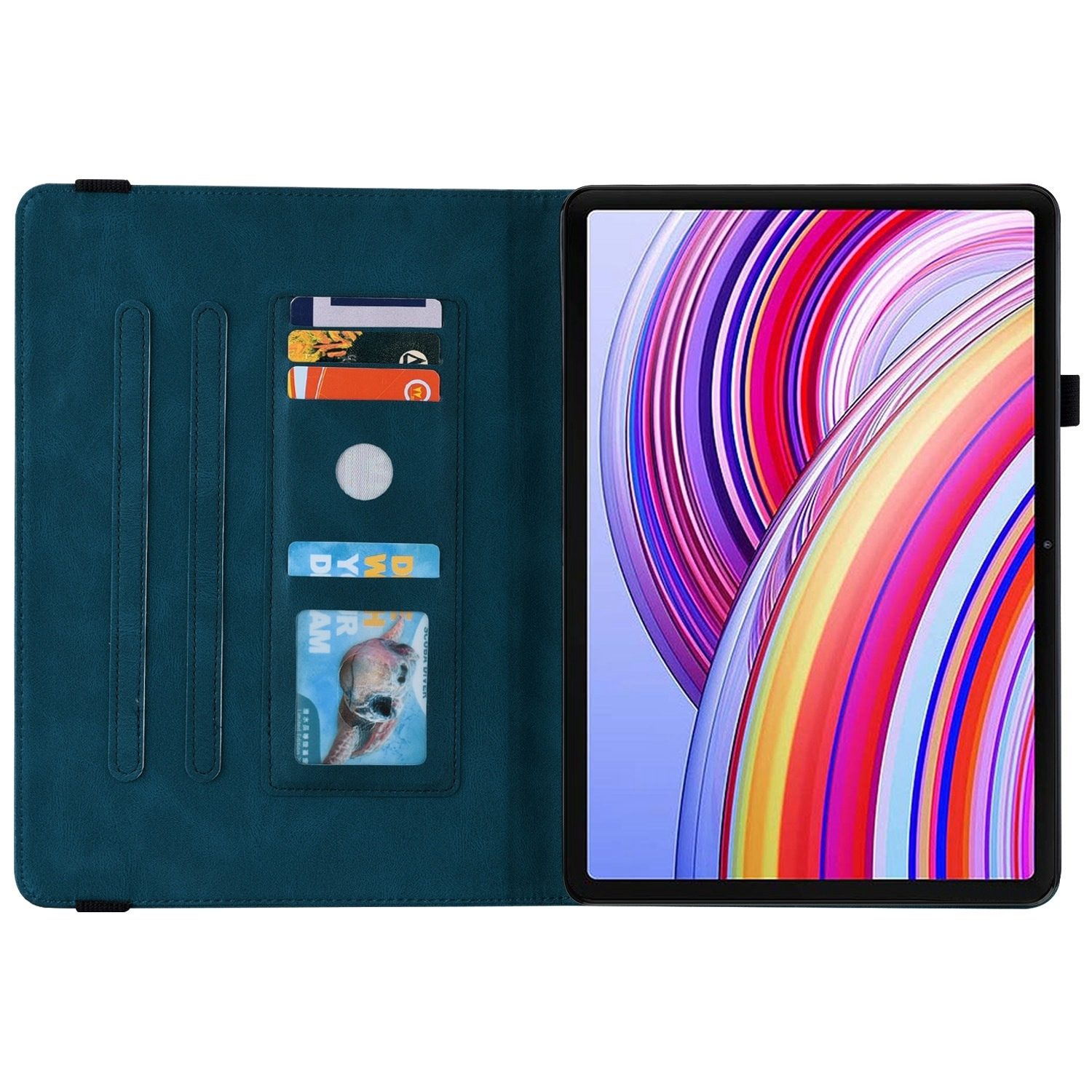 Türkisfarbene Tablethülle, geöffnet, zeigt ein Tablet mit farbenfrohem Bildschirm und Kartenfächern. Auf weißem Hintergrund.