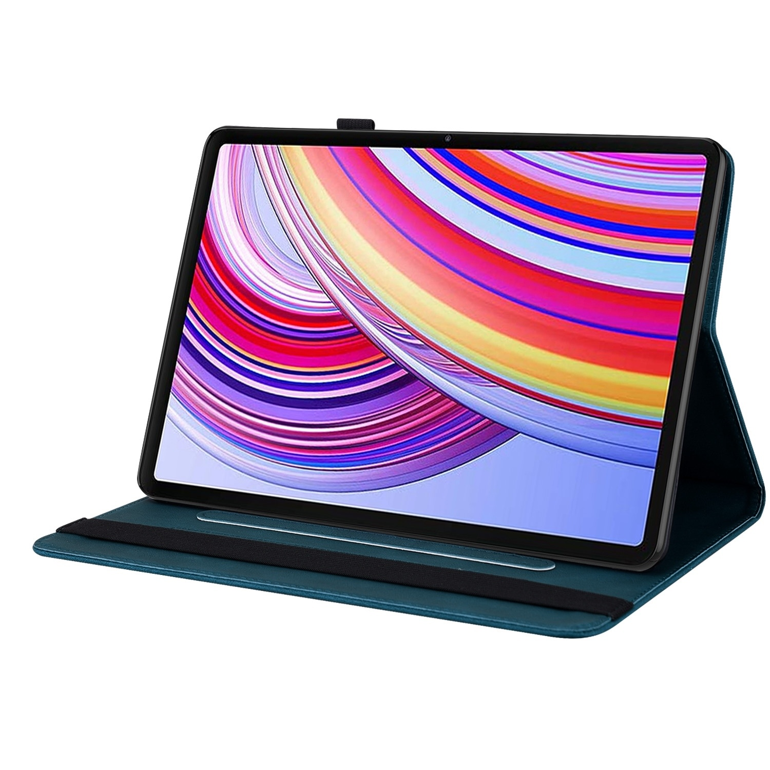 Ein Tablet mit Hülle, das einen bunten Bildschirm zeigt. Die Hülle ist türkis.