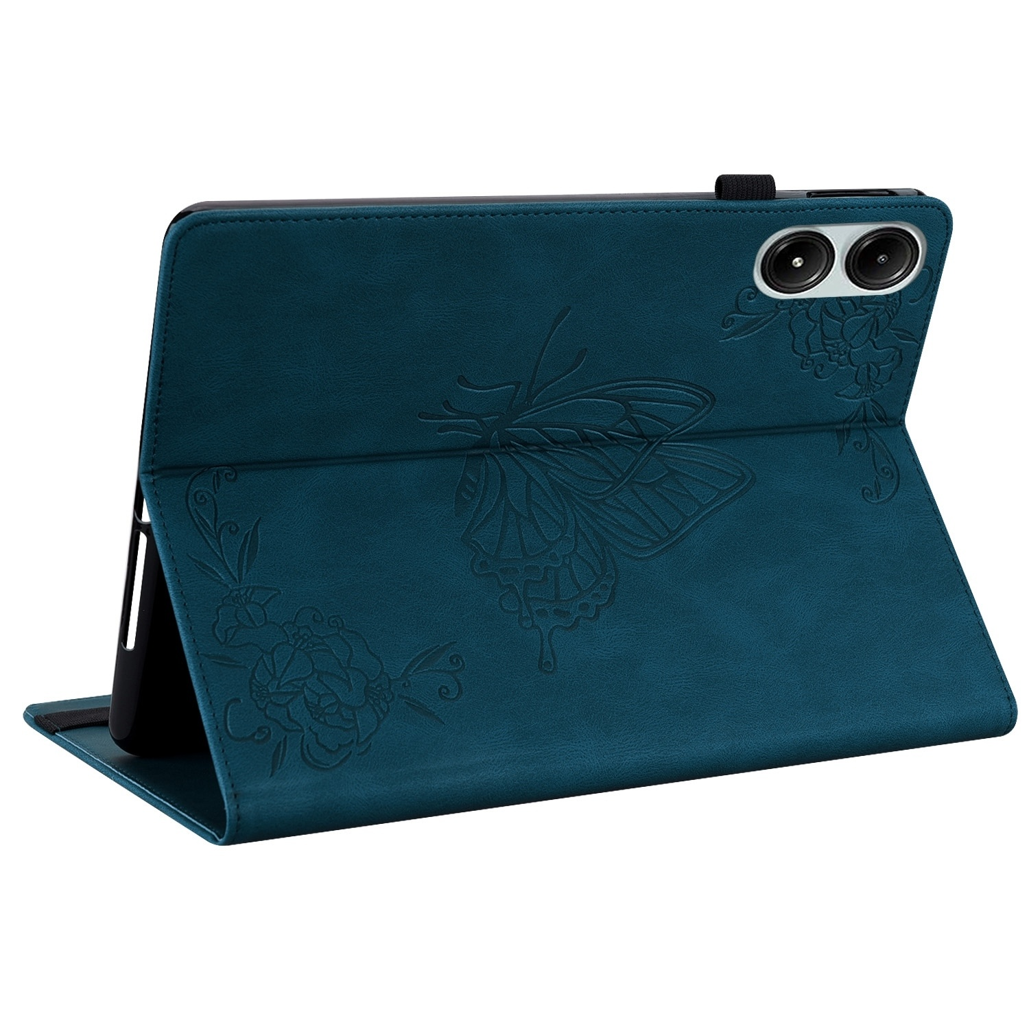 Blaue Tablethülle mit Schmetterlingsdesign auf dem Cover.