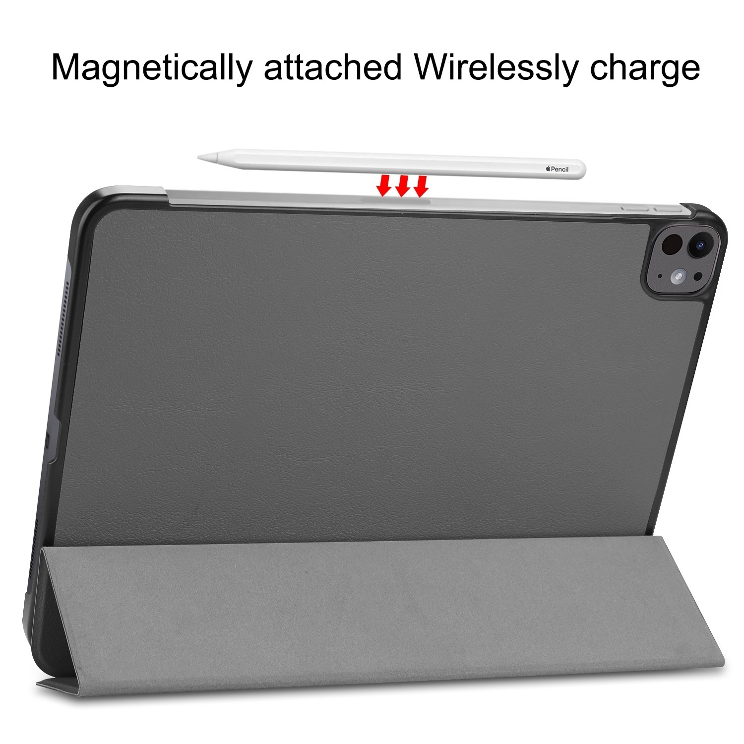 Tablet mit grauem Gehäuse, einem Stift magnetisch oben befestigt, auf weißem Hintergrund.