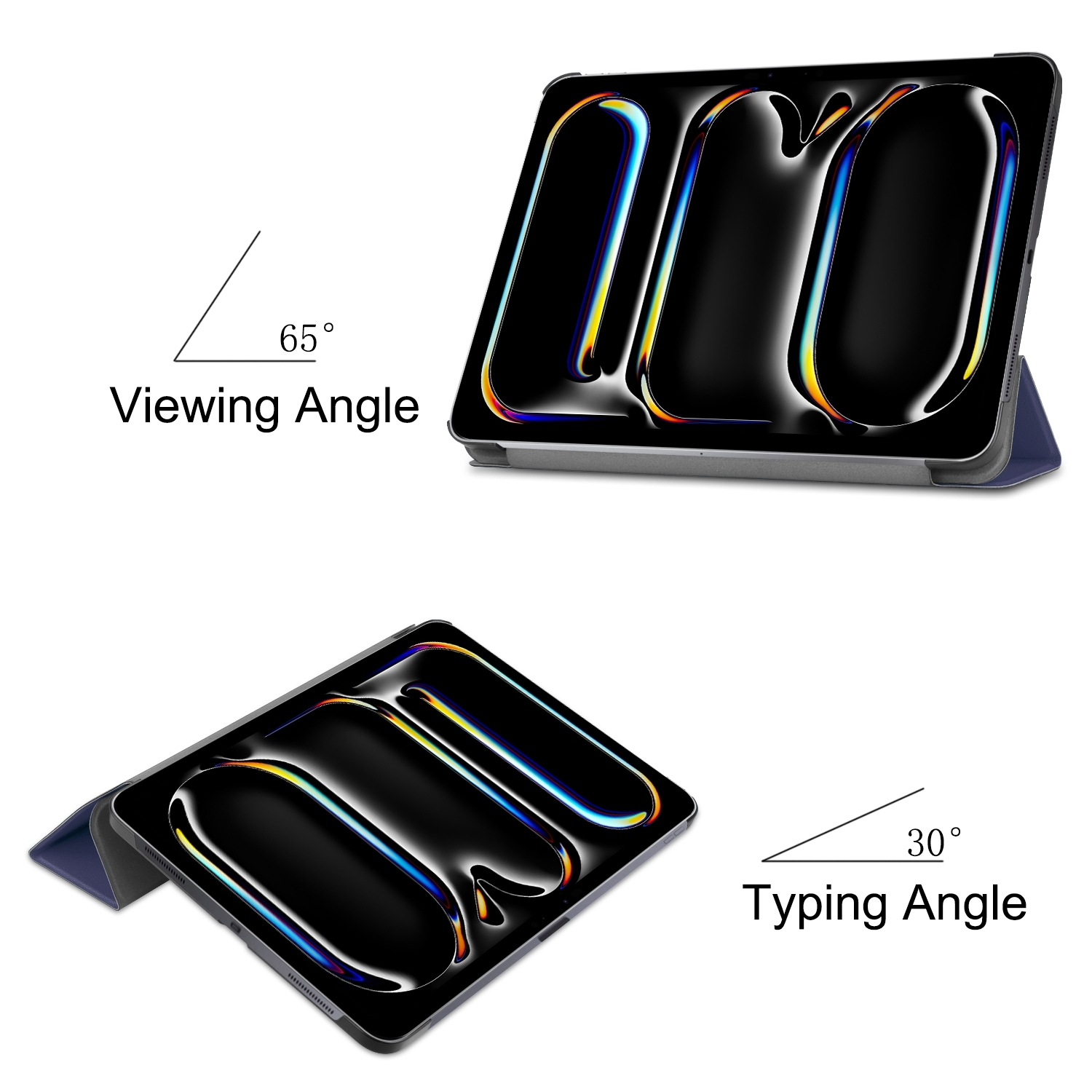 Funda de tableta con pantalla negra y reflejos coloridos. La funda está abierta.