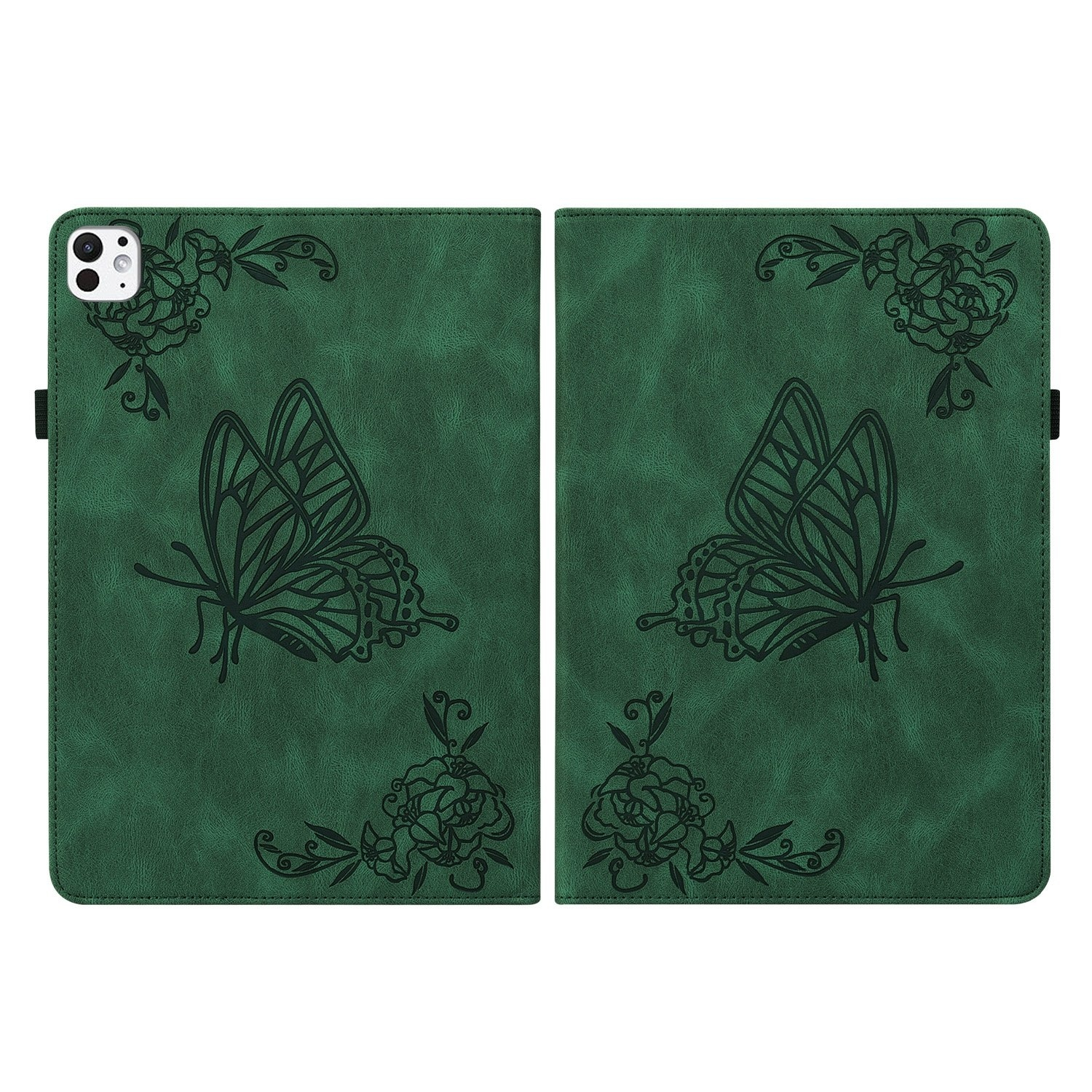 Funda de tableta de cuero verde con diseño de mariposa, abierta y mostrando el interior.