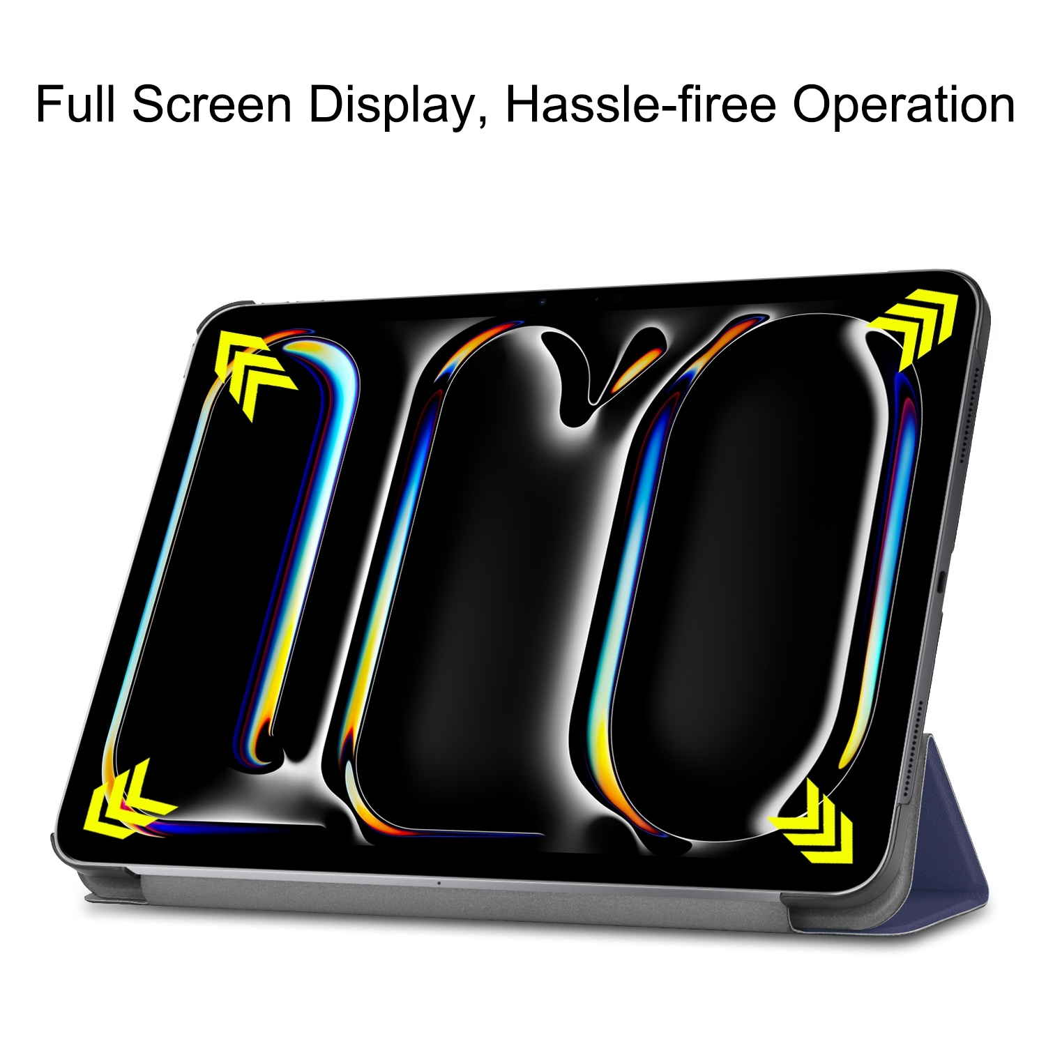 Tableta con pantalla negra, flechas amarillas y funda azul.