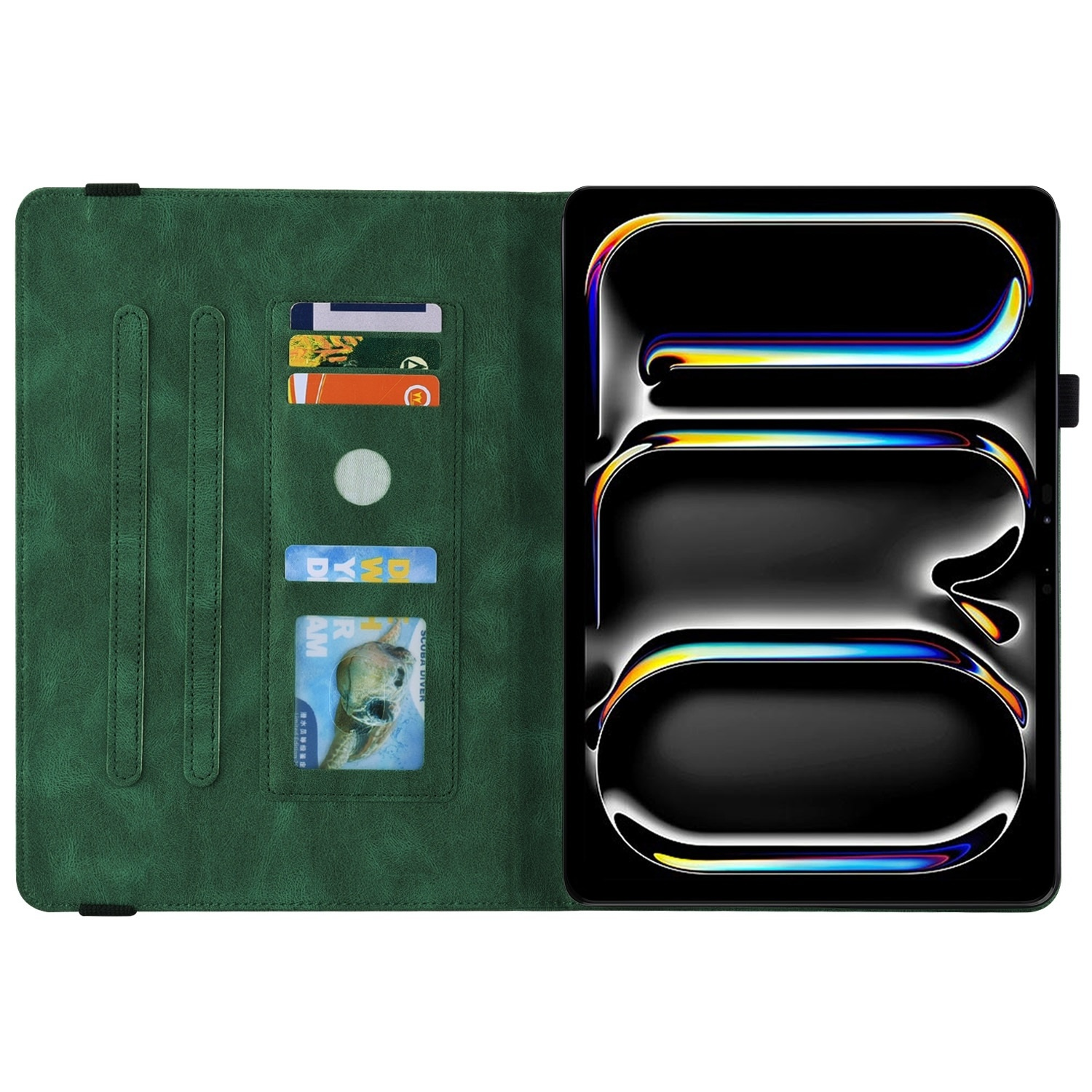 Funda de tableta verde abierta con tarjetas y una tableta mostrando una pantalla.