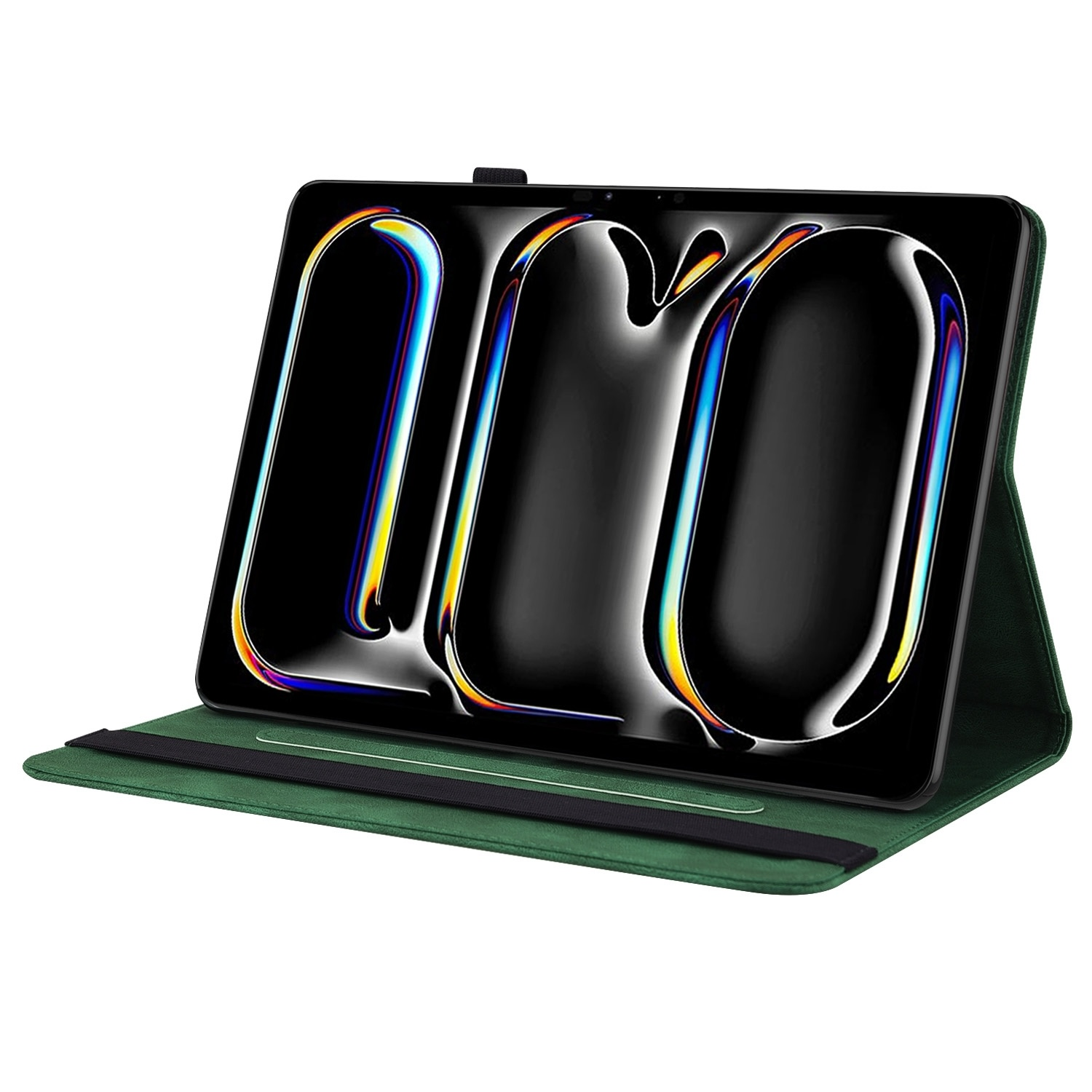 Tableta en una funda verde. La tableta muestra una imagen colorida.