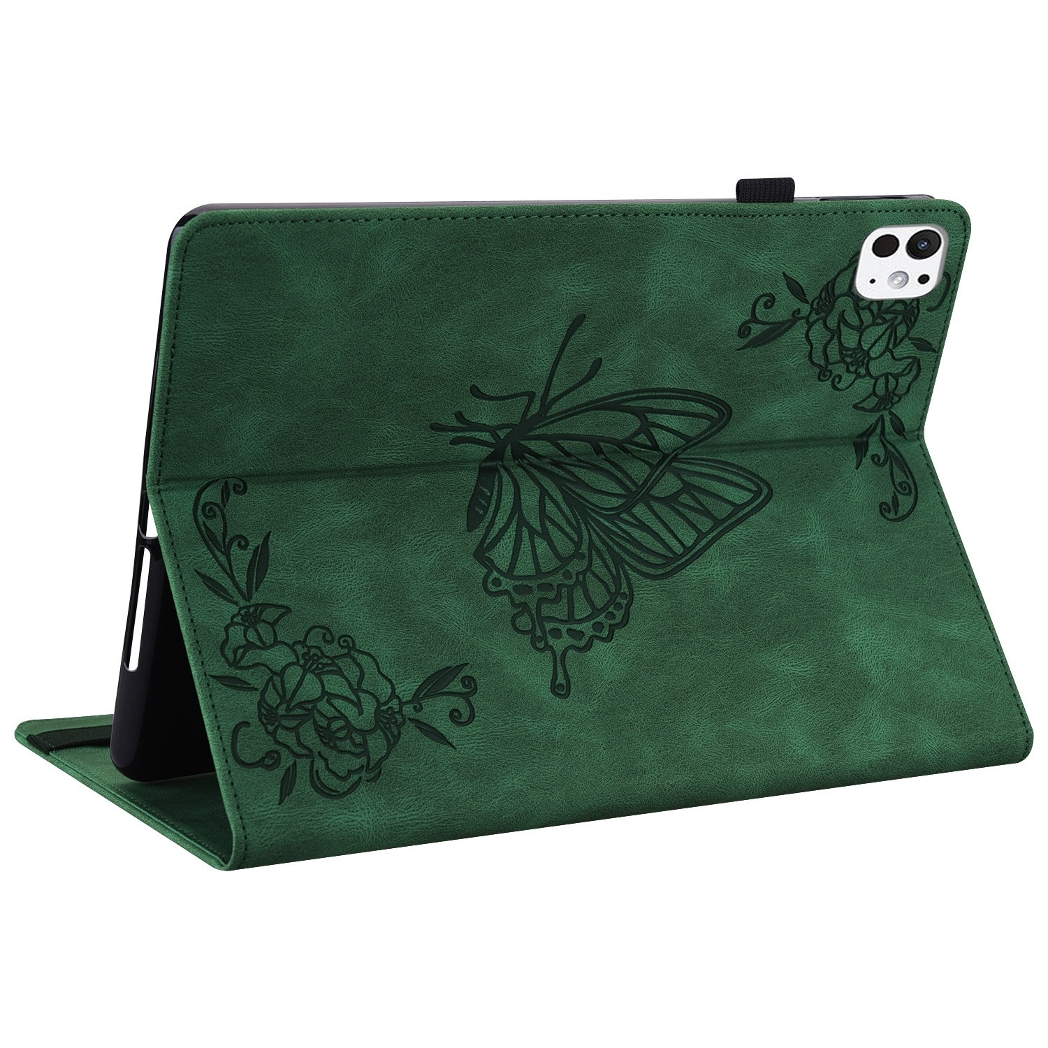 Una funda verde para tableta con diseño de mariposa. Abierta, con una tableta negra dentro.