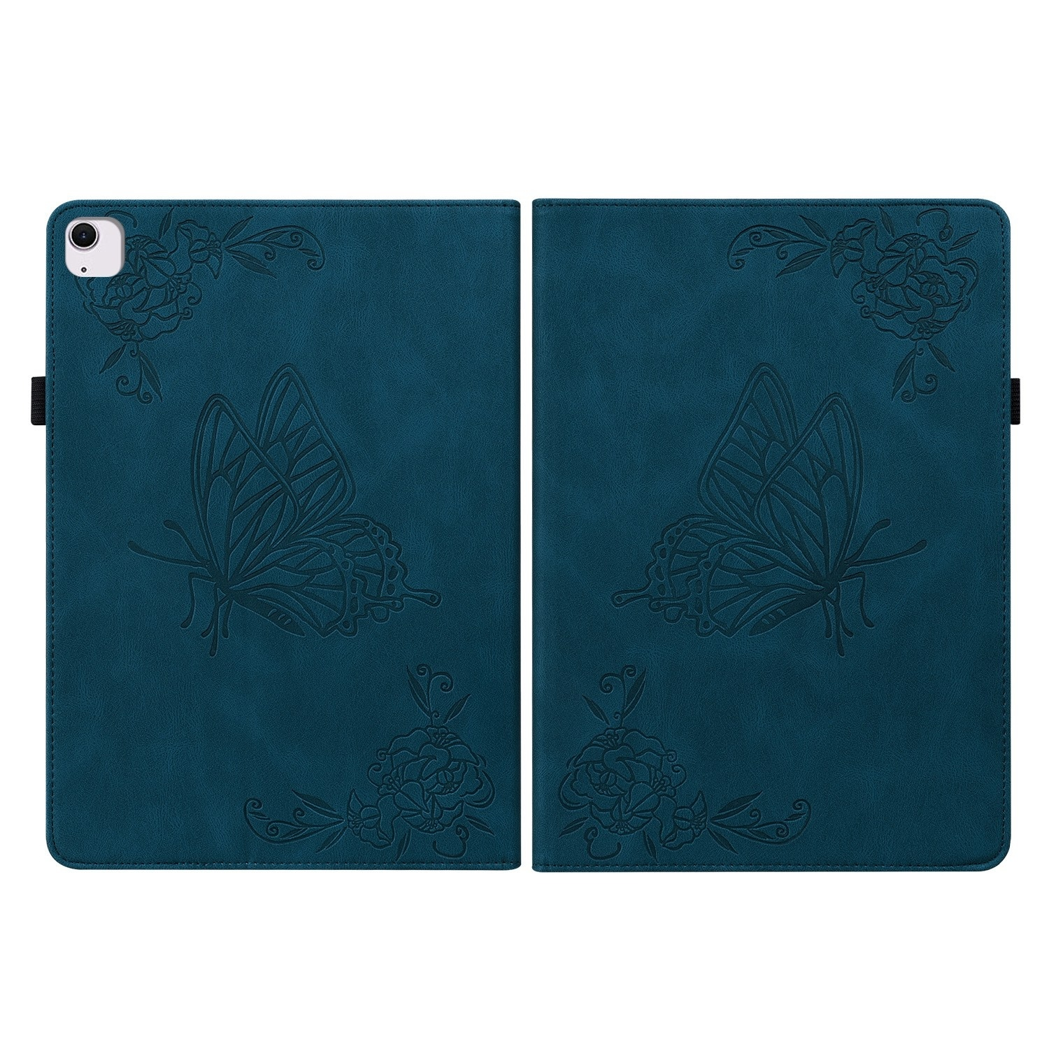 Funda de tableta verde azulado, abierta. Diseños de mariposas y flores en relieve en la cubierta.