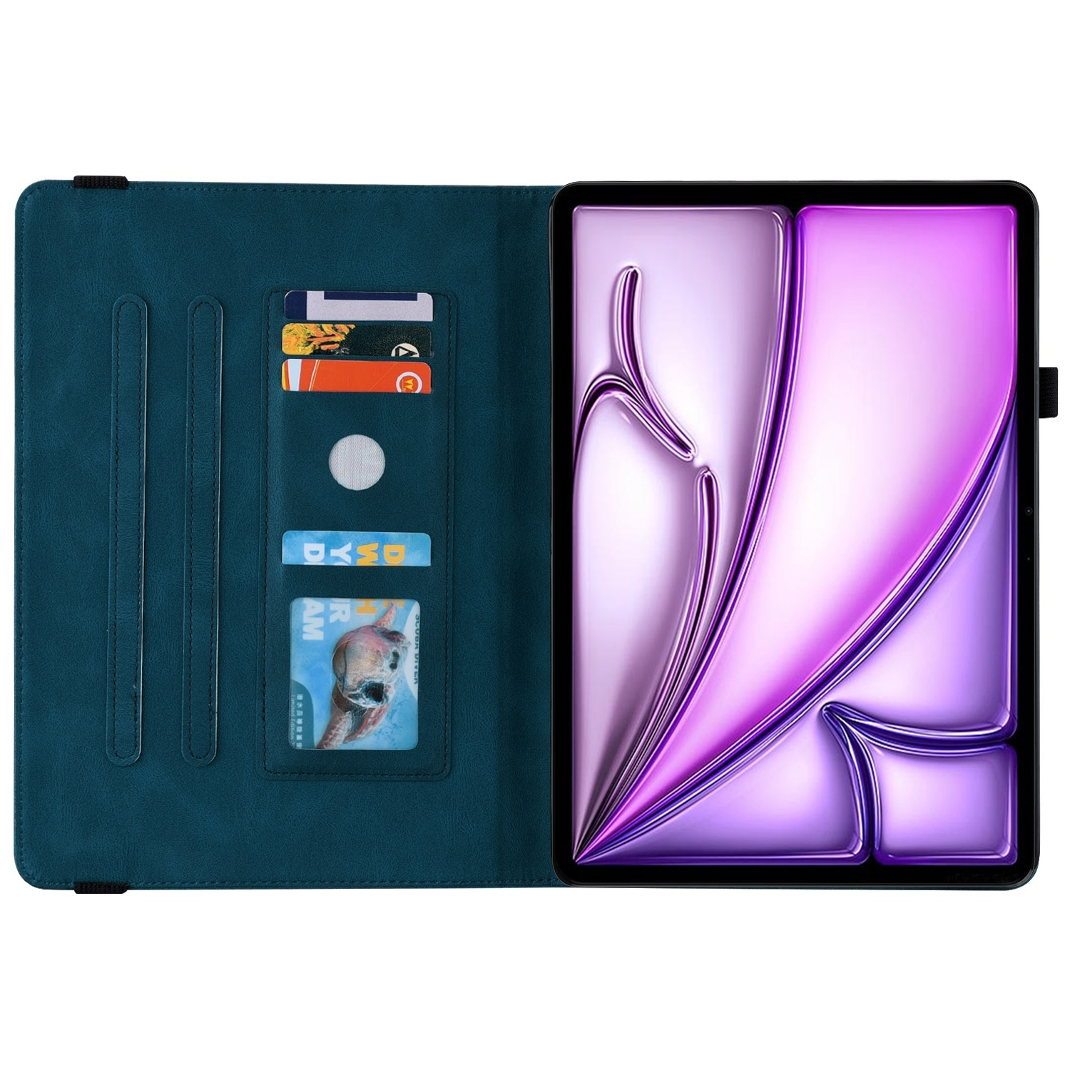 Funda de tableta azul abierta, con tarjetas de crédito. Pantalla púrpura y negra.