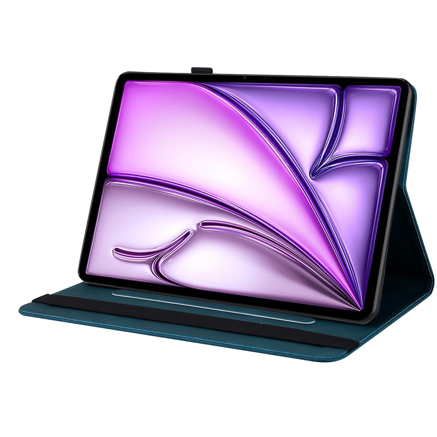 Tableta en una funda turquesa. Pantalla de tableta mostrando imagen abstracta púrpura y rosa.