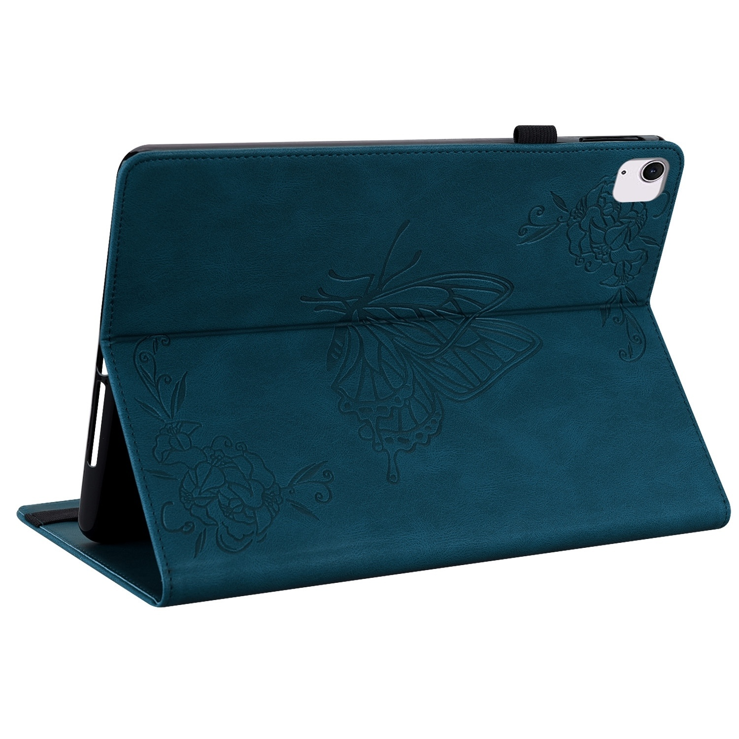 Funda de tableta de cuero color turquesa con diseño de mariposa y flores en relieve. Abierta, mostrando el borde de la tableta.