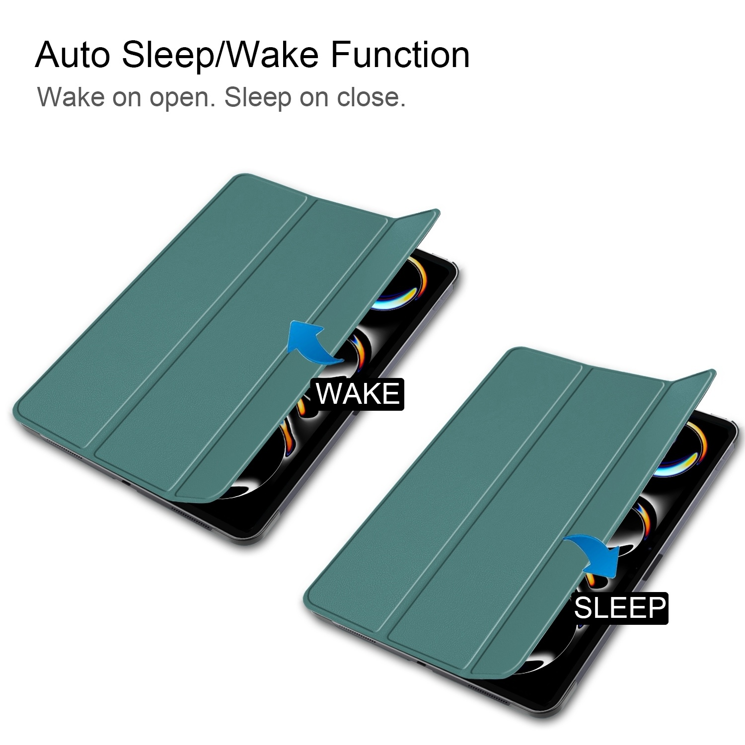 Zwei türkisblaue iPad-Hüllen, eine offen und eine geschlossen. Text: Auto Sleep/Wake-Funktion. Pfeile zeigen Wecken und Schlafen an.