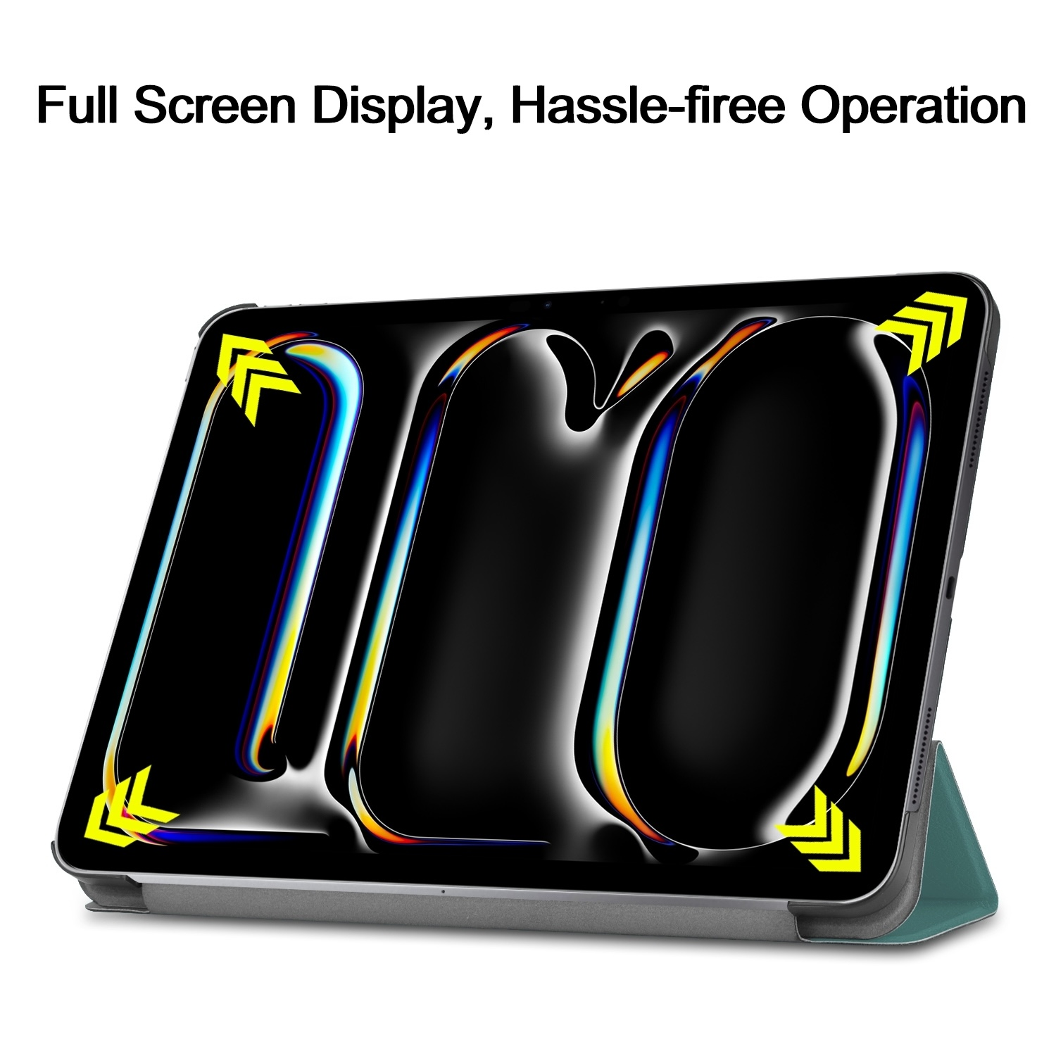 Tablet-Bildschirm mit farbenfrohem Design, Text-Overlay und grüner Hülle.