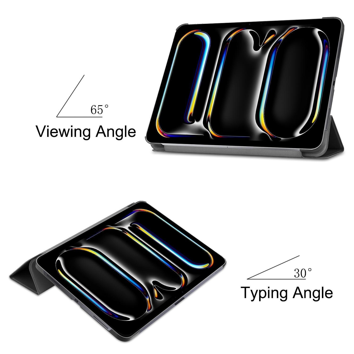 Una funda negra para tablet con información sobre ángulos de visión y escritura, mostrando un diseño colorido.