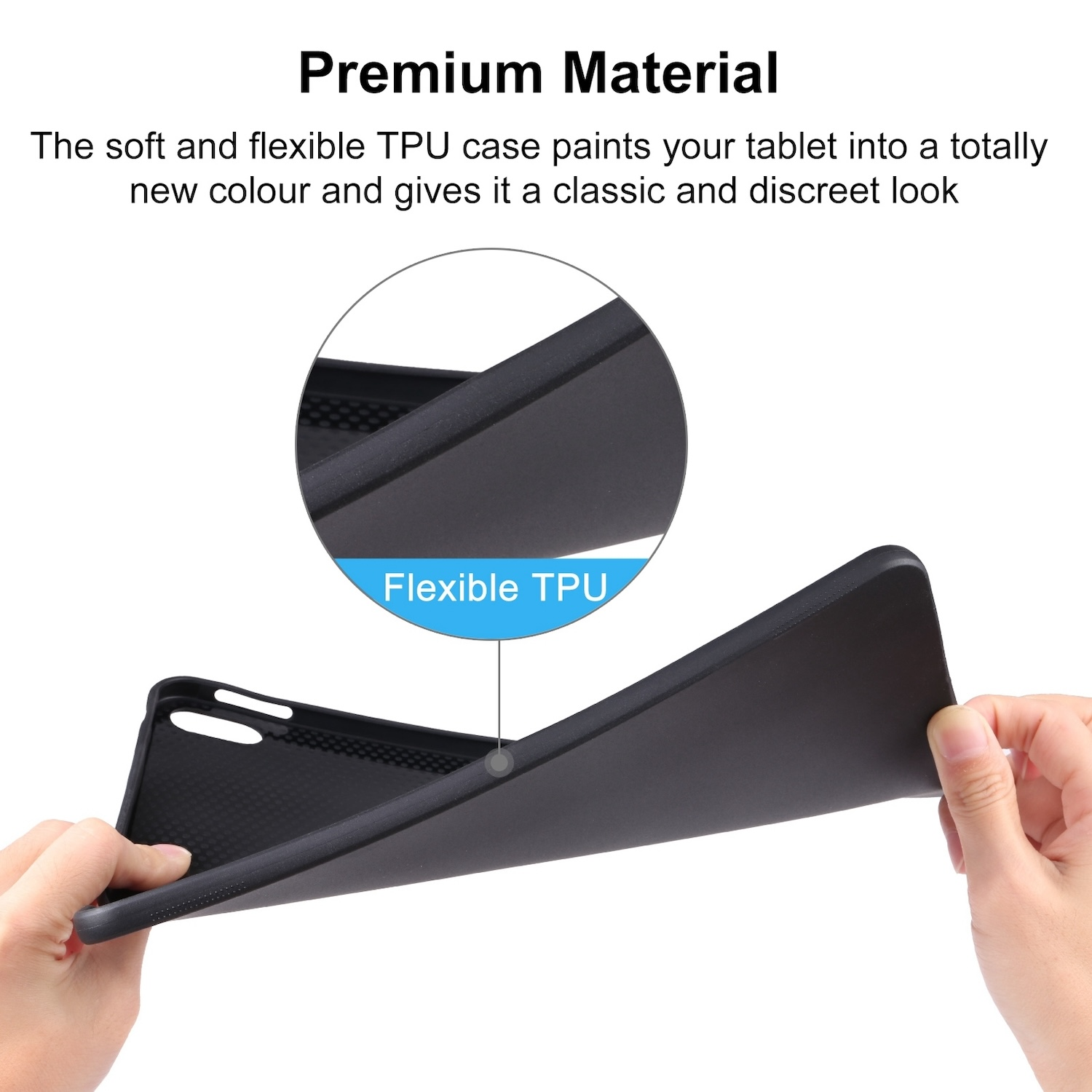 Hände, die eine schwarze Tablethülle halten, zeigen flexibles TPU-Material.