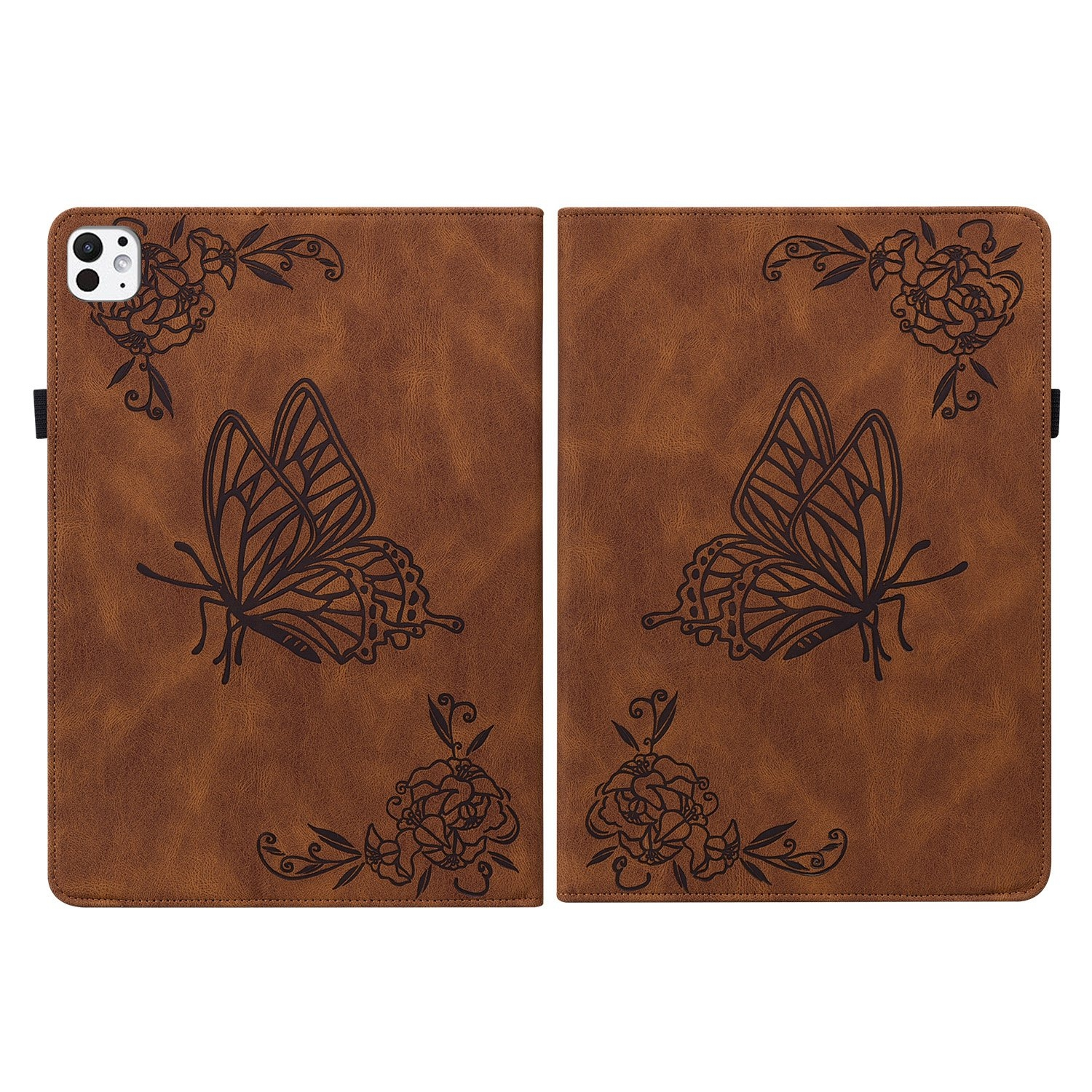 Tablethülle, braun mit Schmetterlings- und Blumenmuster.