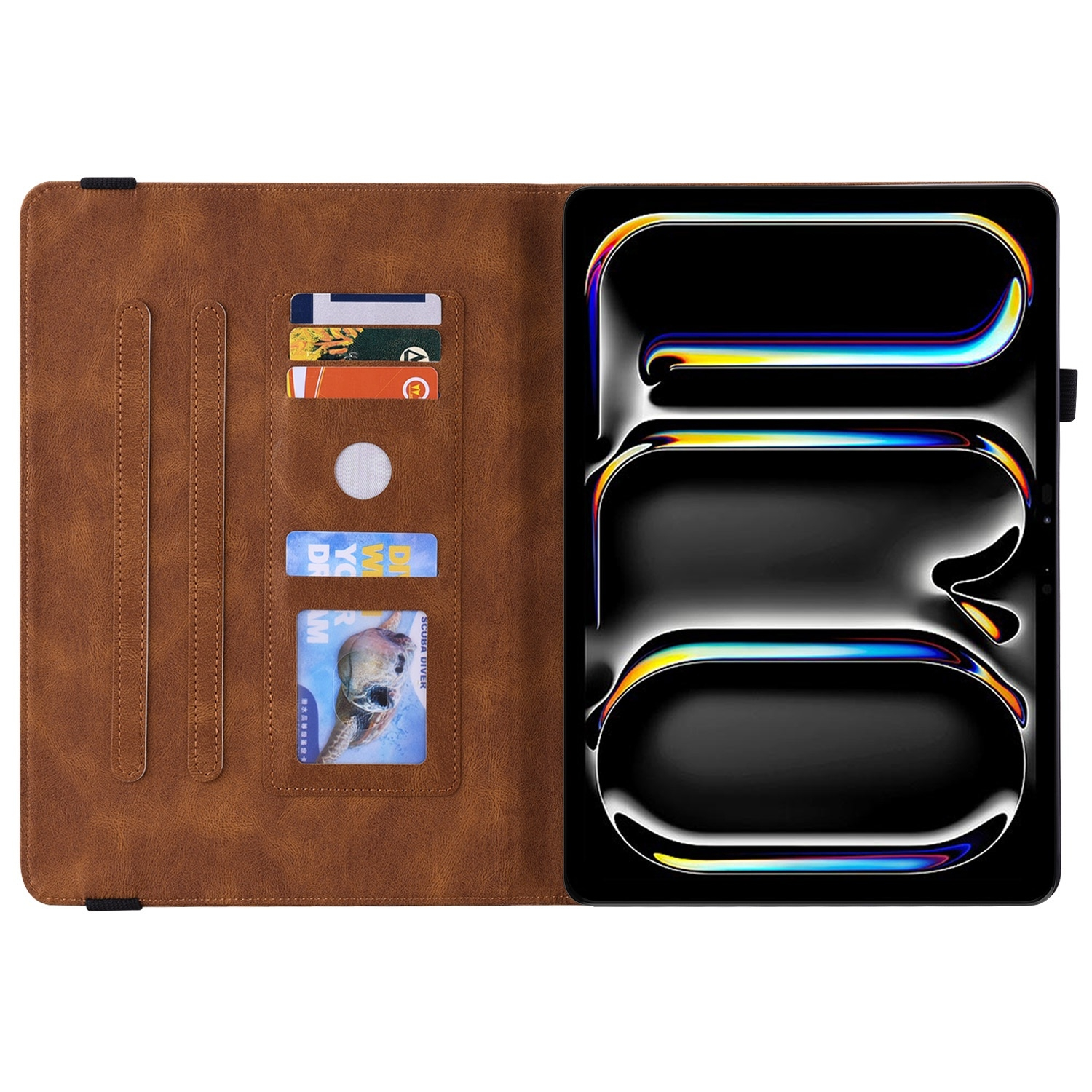 Geöffnete braune Tablet-Hülle mit Karten und einem Tablet mit farbenfrohem, abstraktem Design auf dem Bildschirm.