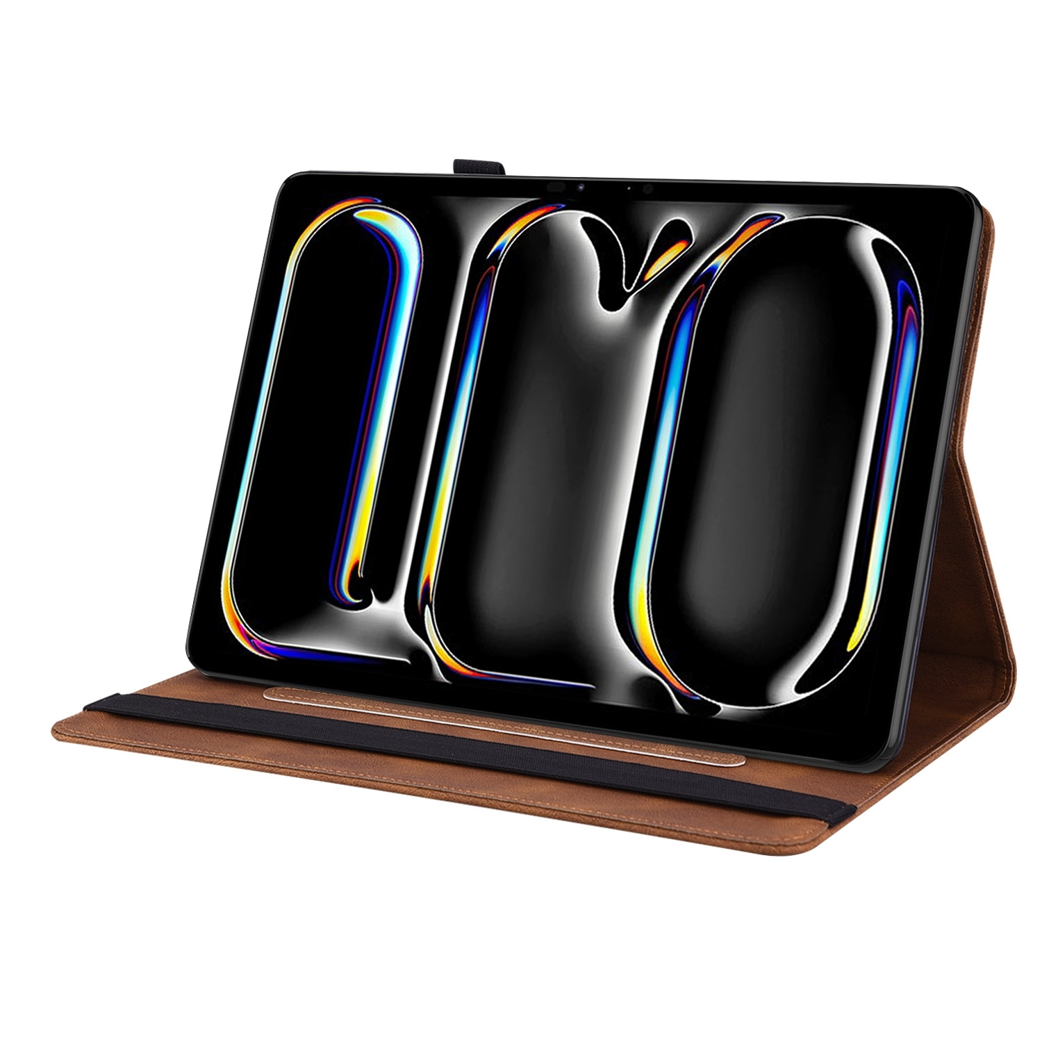 Braune Tablethülle mit Tablet. Der Bildschirm zeigt ein farbenfrohes Design.