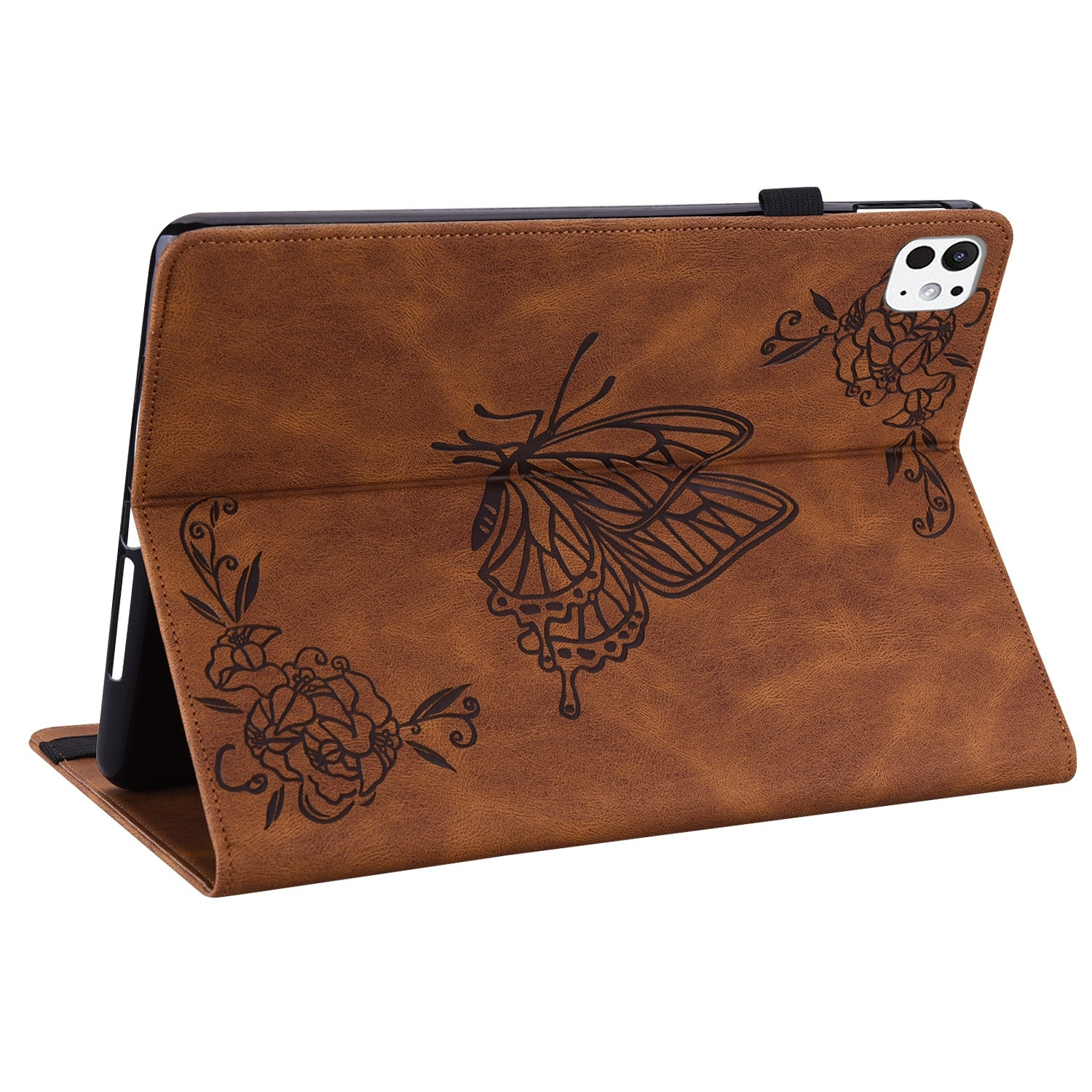 Braune Tablet-Hülle mit Schmetterlingsdesign und floralen Elementen.