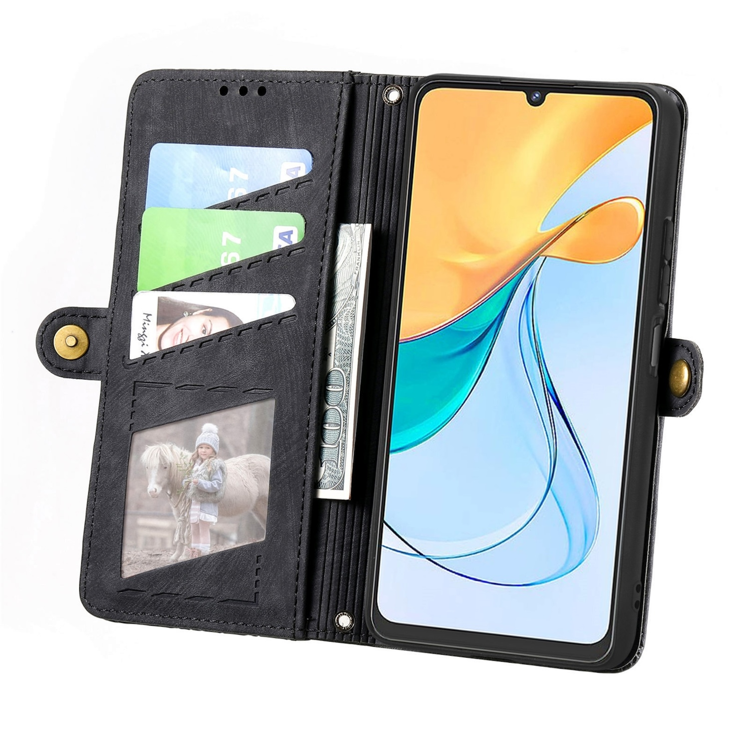Eine schwarze Handyhülle, die ein Telefon zeigt. Die Innenseite hat Kartenfächer und ein Fotofach. Ein Hundert-Dollar-Schein ist innen.