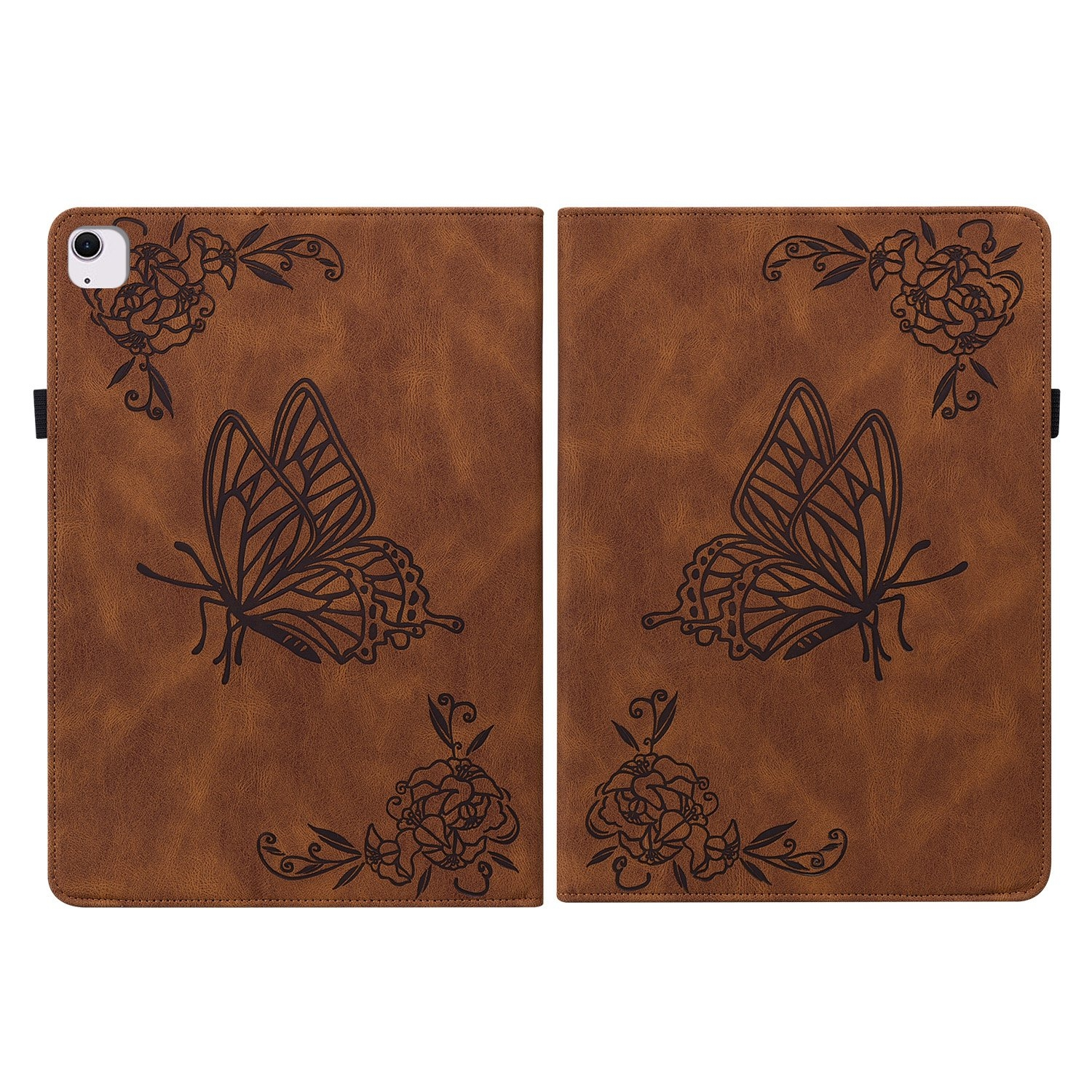 Funda de tableta de cuero marrón, abierta, con diseños de mariposas y flores.