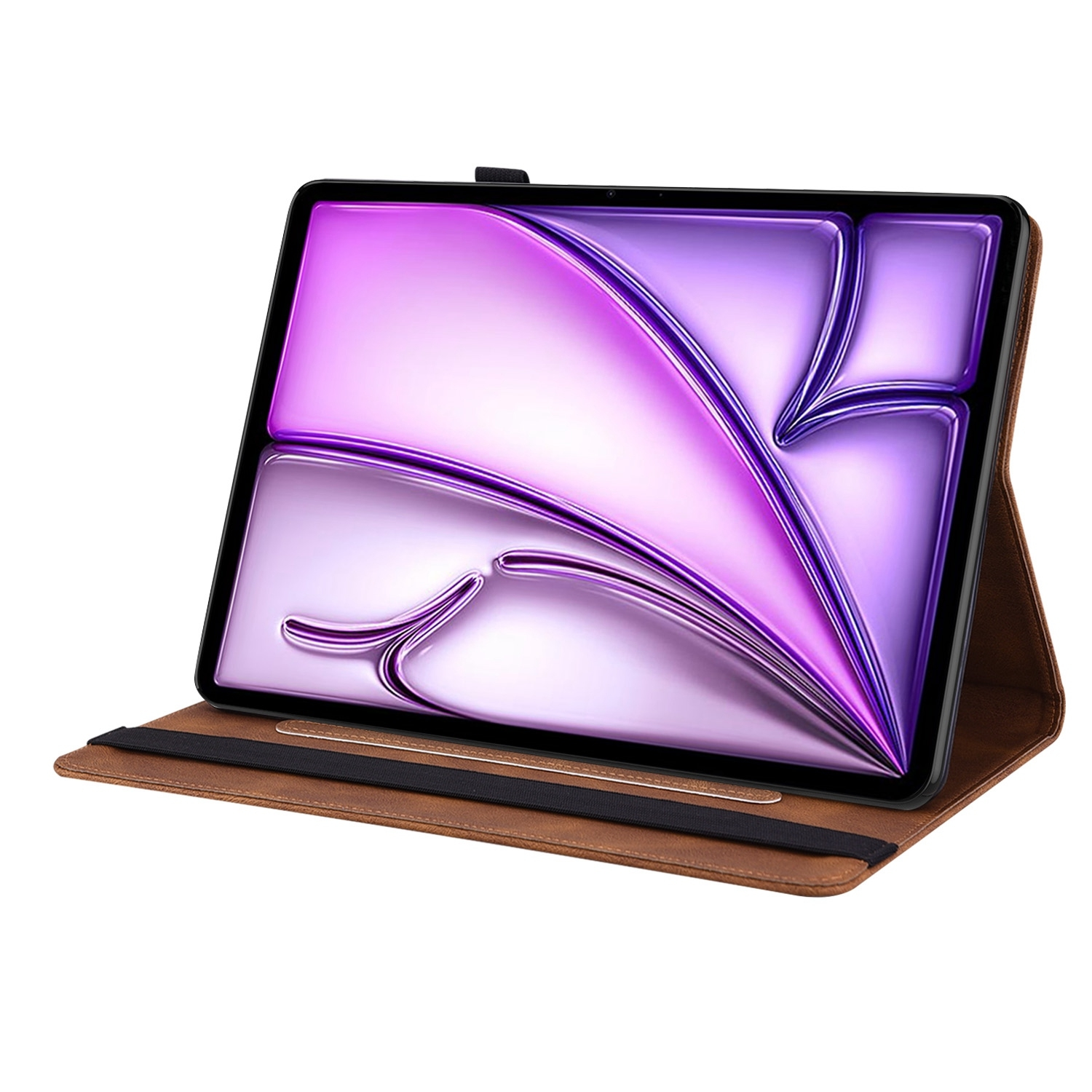 Tableta en una funda marrón. La pantalla muestra un diseño abstracto morado con un marco negro.