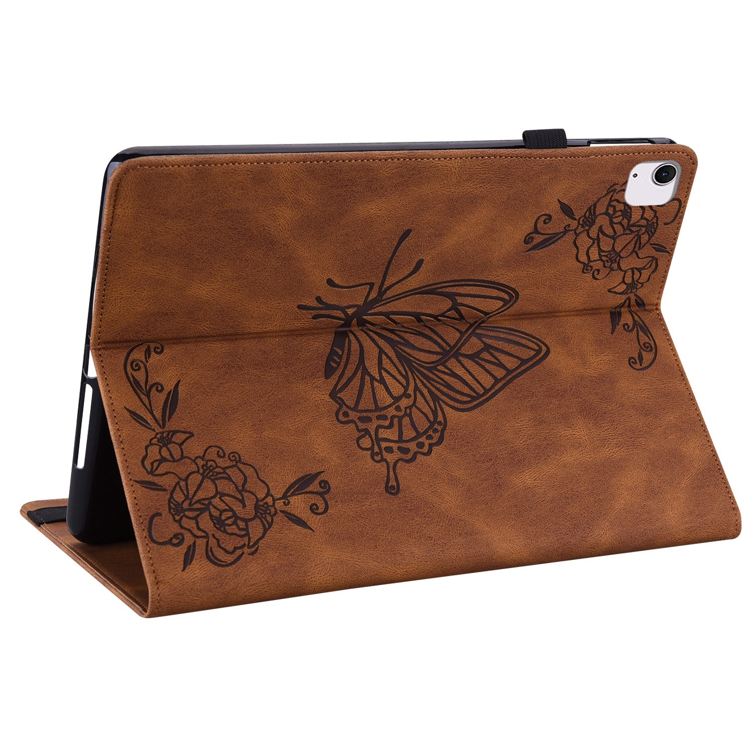 Funda de tableta marrón con diseño de mariposa. Abierta con la tableta dentro. Diseño floral.