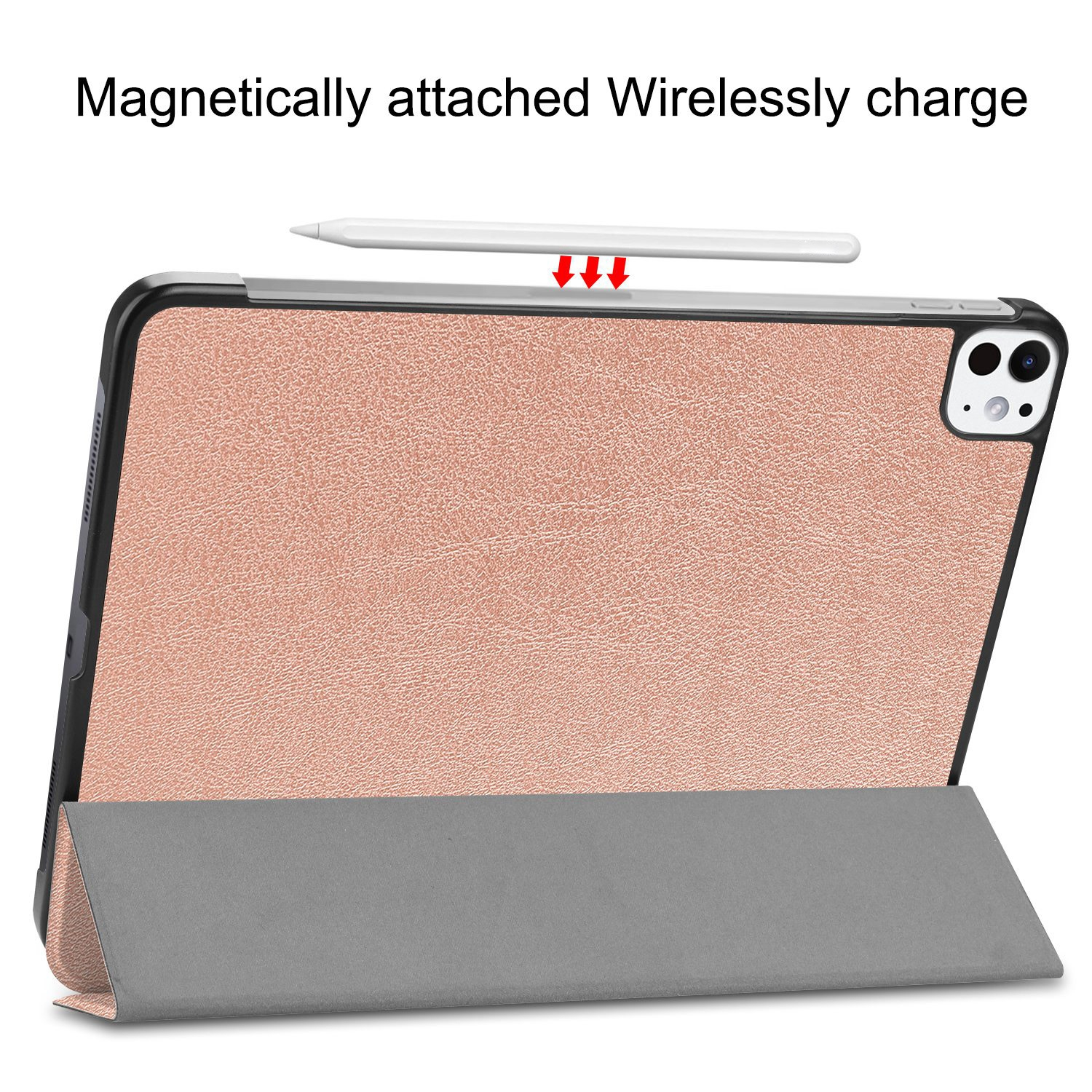 Un iPad con una funda rosa con un bolígrafo sujeto en la parte superior.
