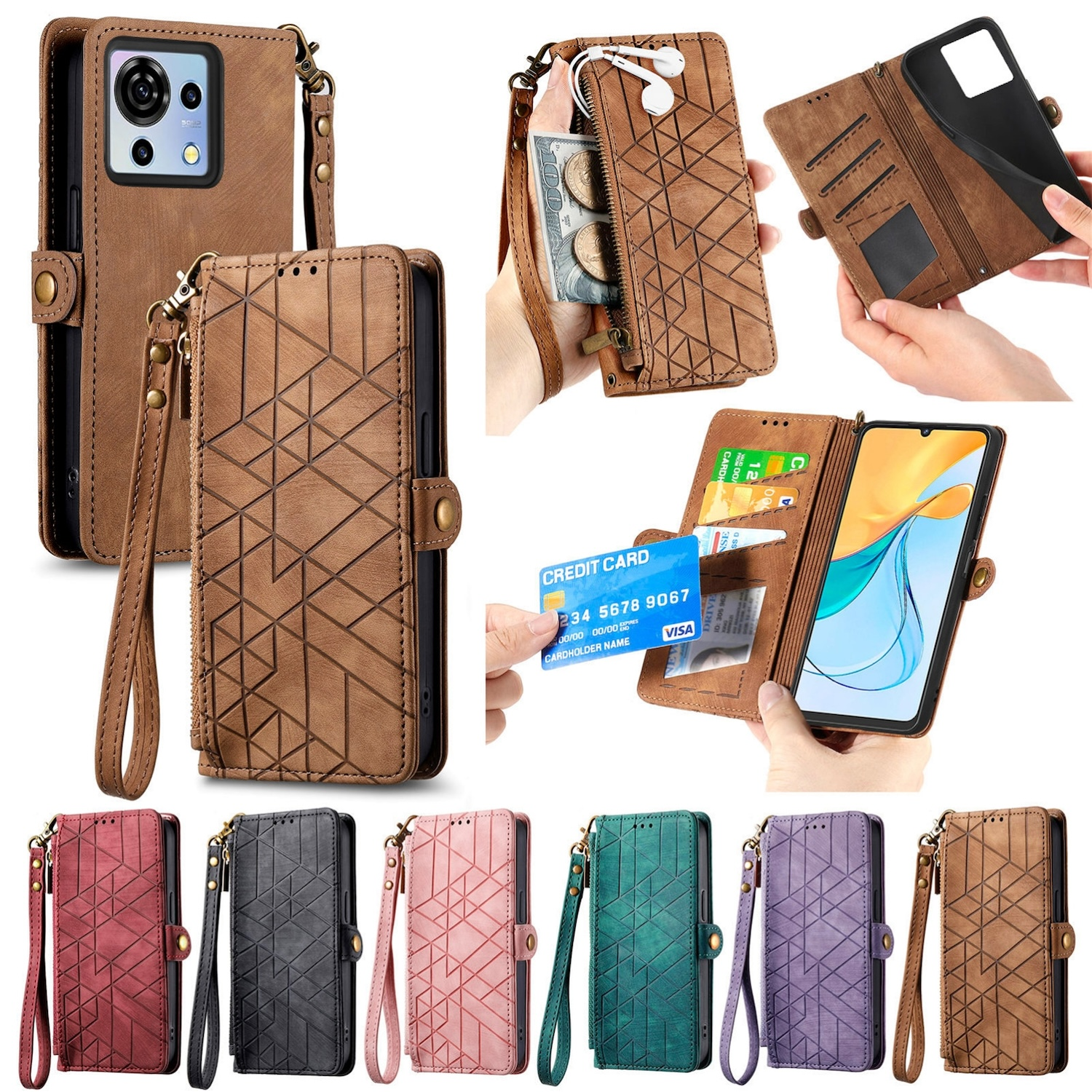 Mehrere braune Handyhüllen in verschiedenen Designs. Einige haben Kartenfächer, Reißverschlüsse und Handschlaufen.