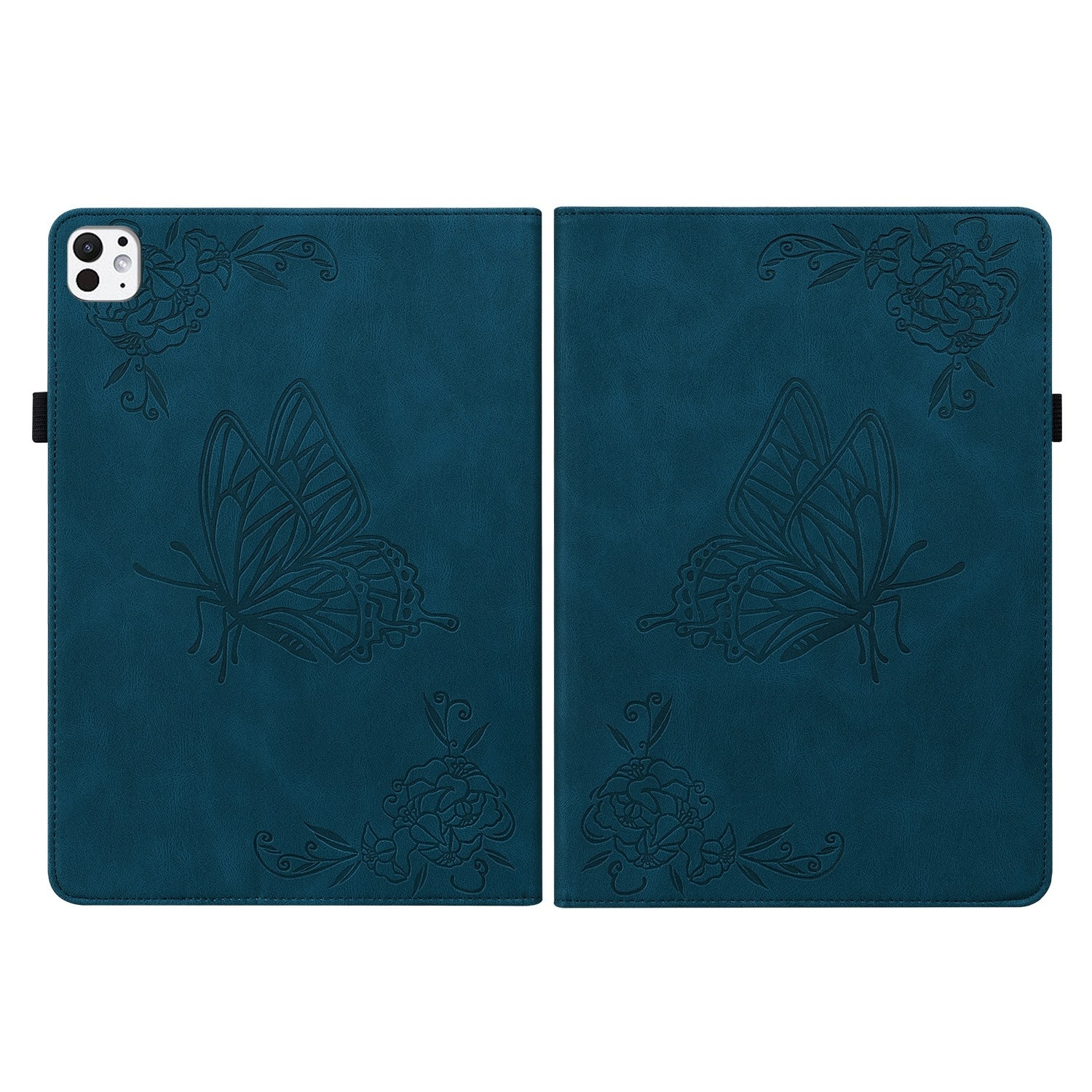 Una funda para tableta color turquesa con diseños de mariposas y flores. La funda está abierta, mostrando el interior.