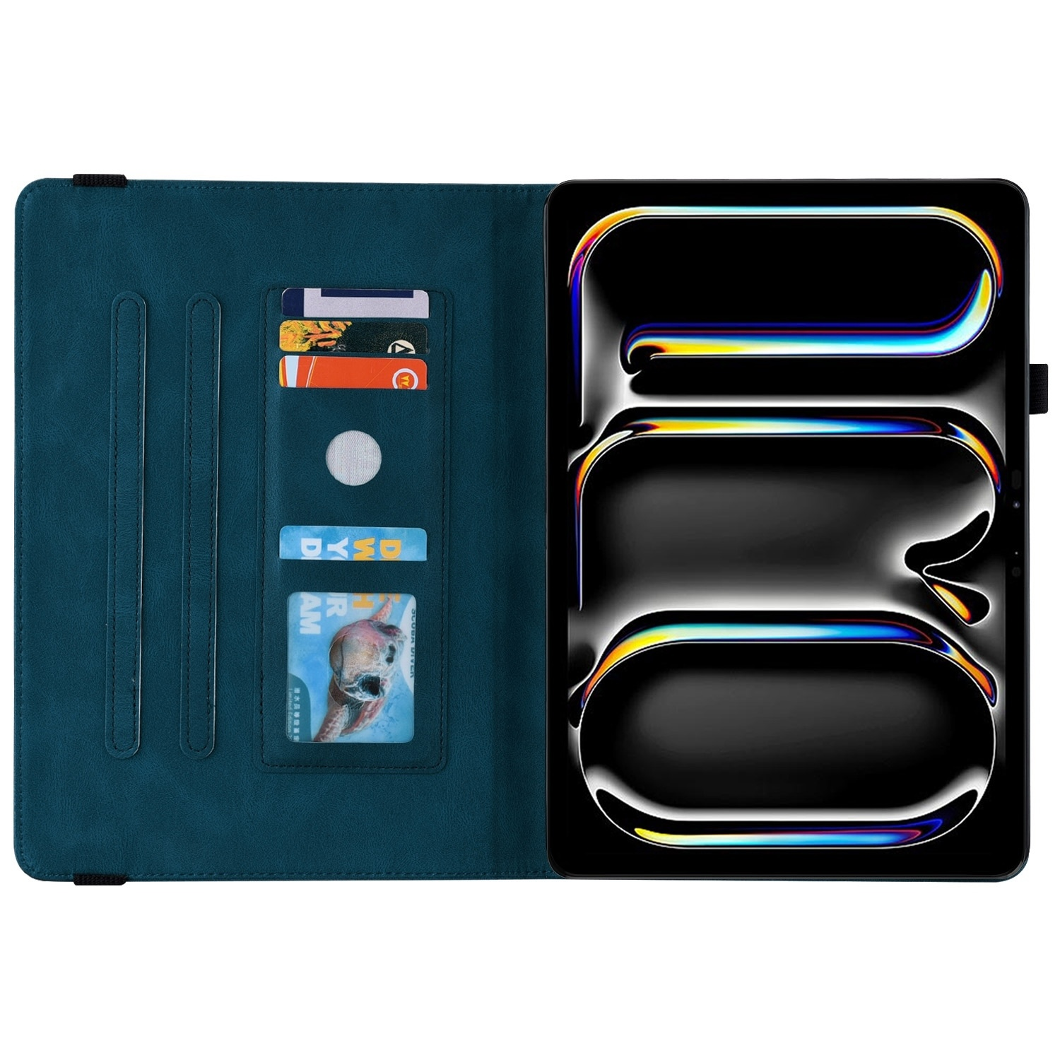 Funda de tableta de cuero verde azulado abierta. Muestra tarjetas en ranuras a la izquierda, pantalla abstracta a la derecha.