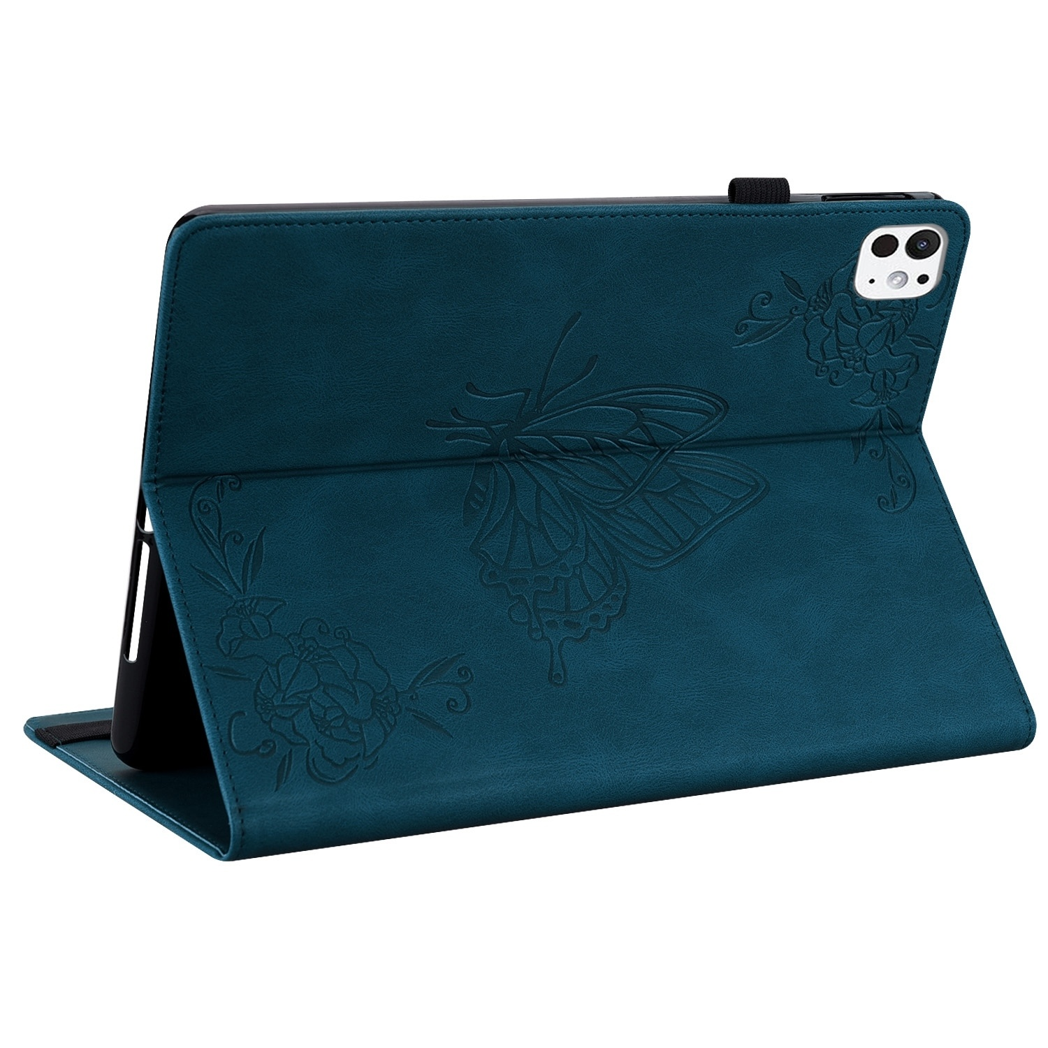 Funda para tableta azul oscuro con diseño de mariposa. Muestra una funda abierta, con la tableta parcialmente insertada.