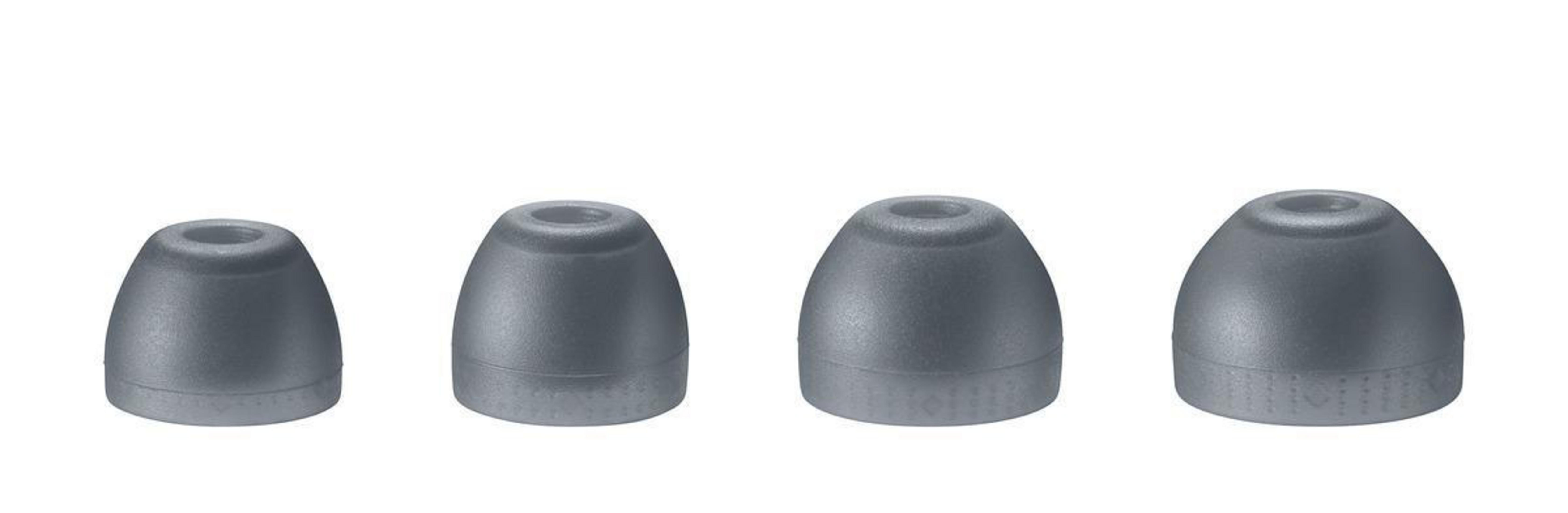 Cztery szare końcówki do słuchawek o różnych rozmiarach, ułożone na białym tle.