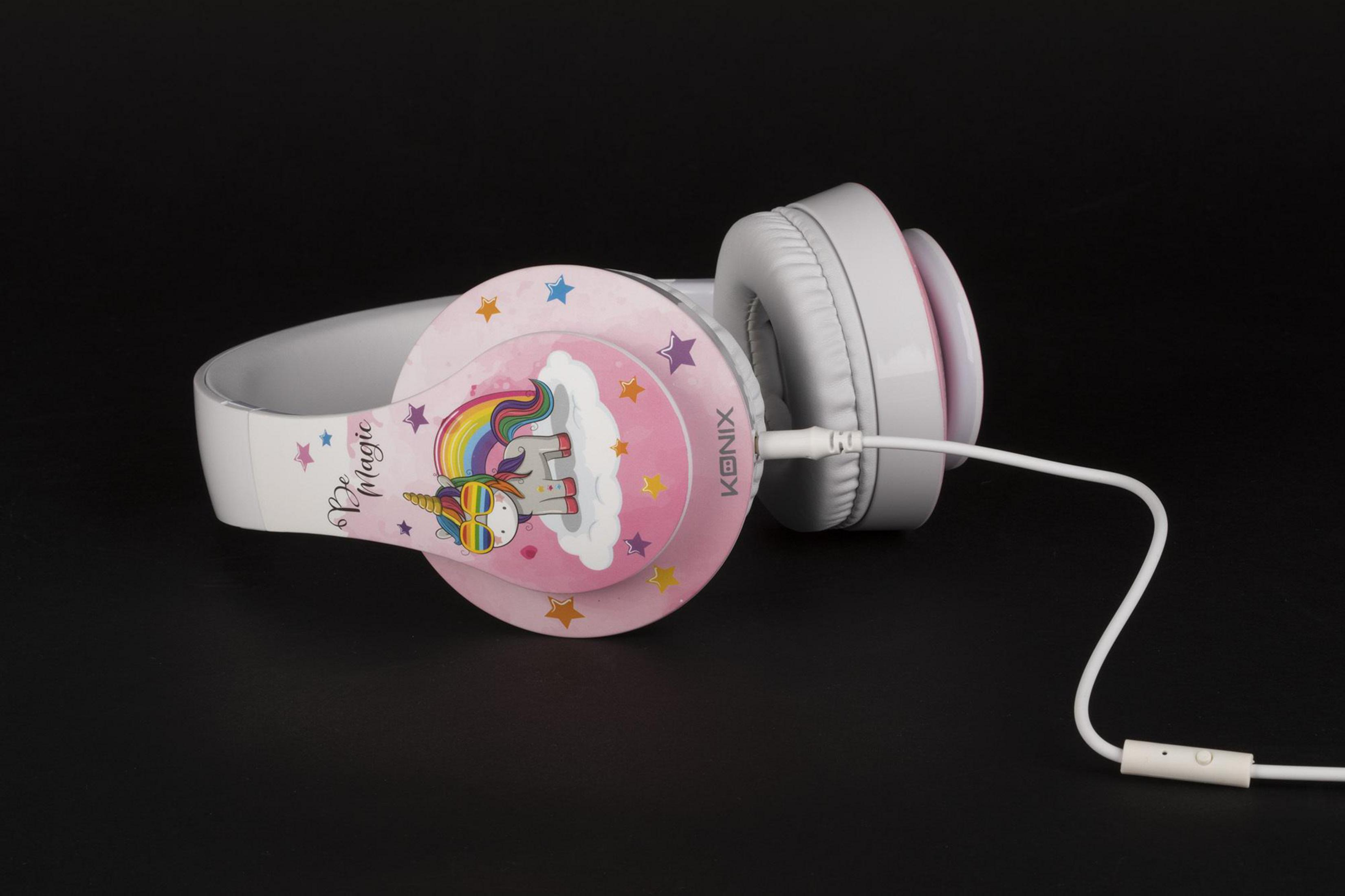 Cuffie Kbnix rosa e bianche con design unicorno e cavo bianco.