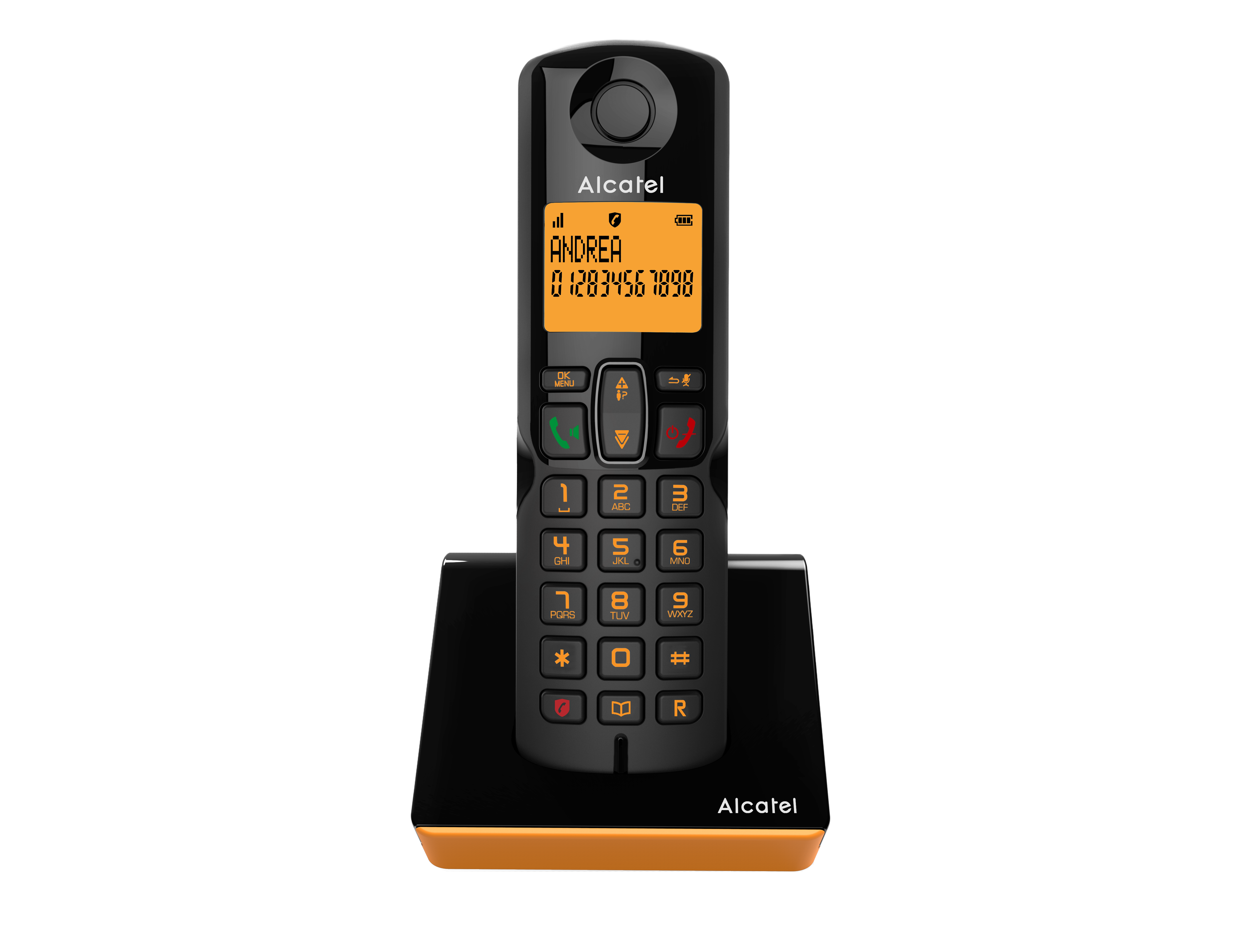 Un telefono cordless Alcatel con una base, che mostra uno schermo con un numero di telefono e il nome Andrea.
