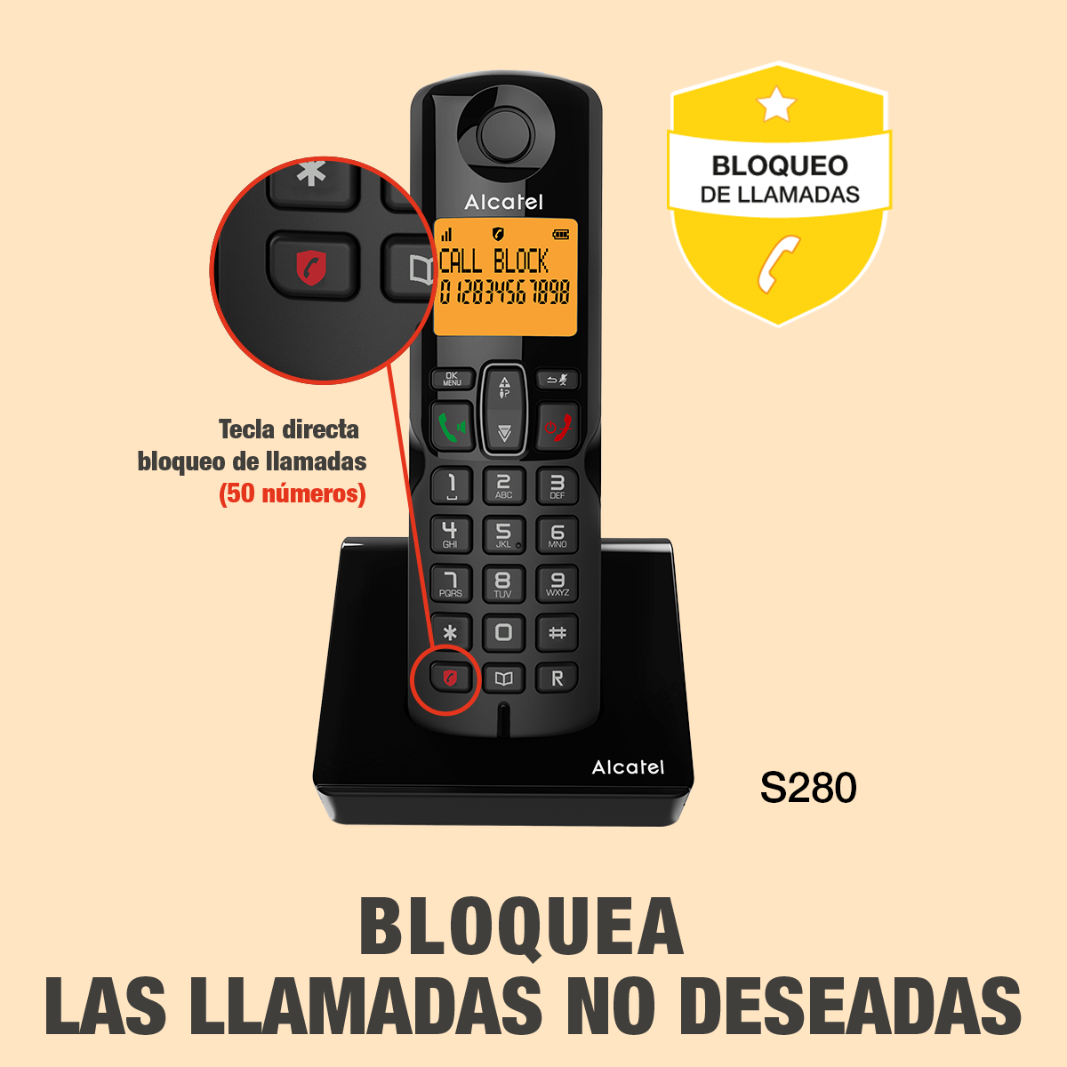 Téléphone sans fil noir avec base. Bouton de blocage d'appel mis en évidence. Le texte dit 'Bloquer les appels indésirables'.