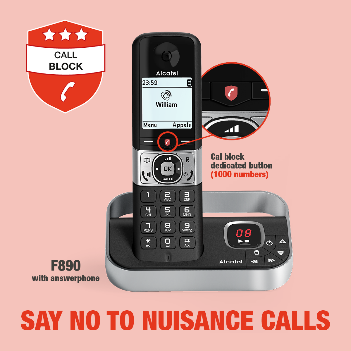 Teléfono inalámbrico con base, mostrando pantalla, botón de bloqueo de llamadas y texto: No a llamadas molestas.