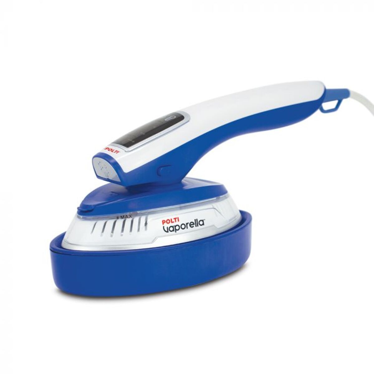 Ferro da stiro Polti Vaporella bianco e blu su sfondo bianco.