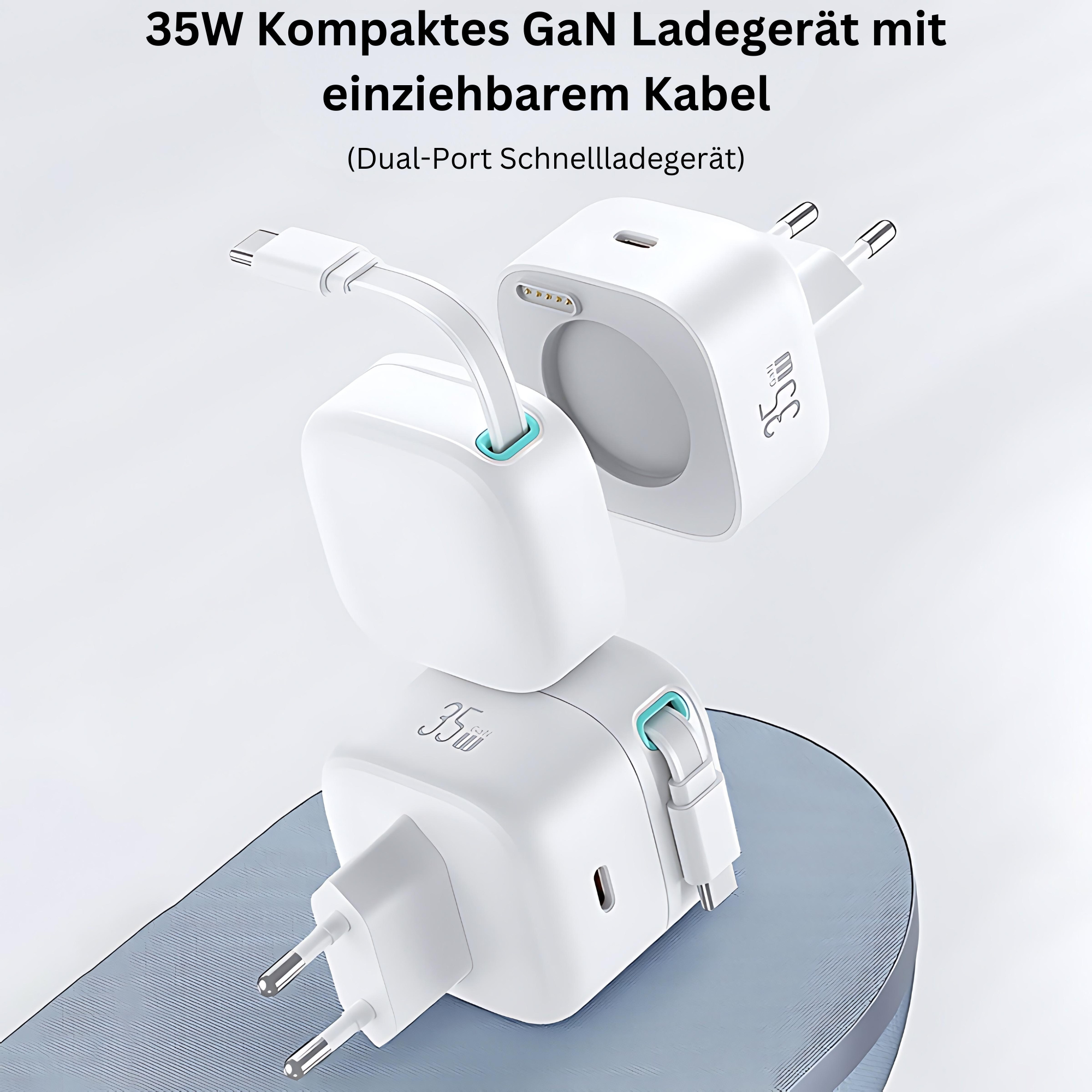 Biała ładowarka z kablem. Ładowarka ma chowany kabel. Niebieska powierzchnia.