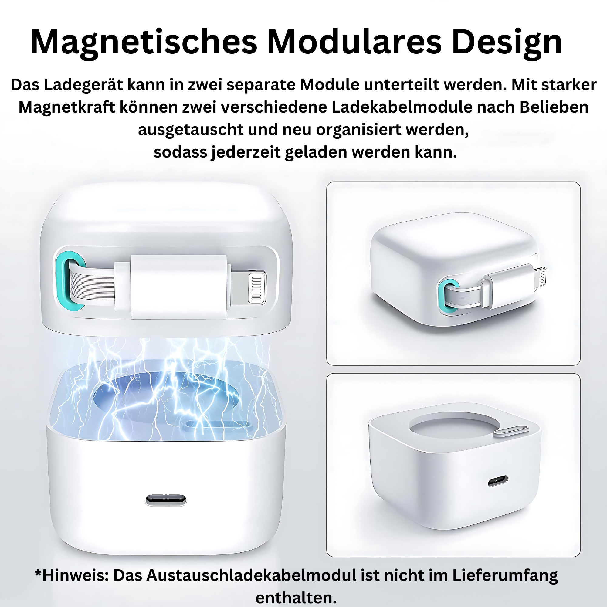 Schemat pokazujący ładowarkę z odłączanymi modułami, białe tło, tekst niemiecki.