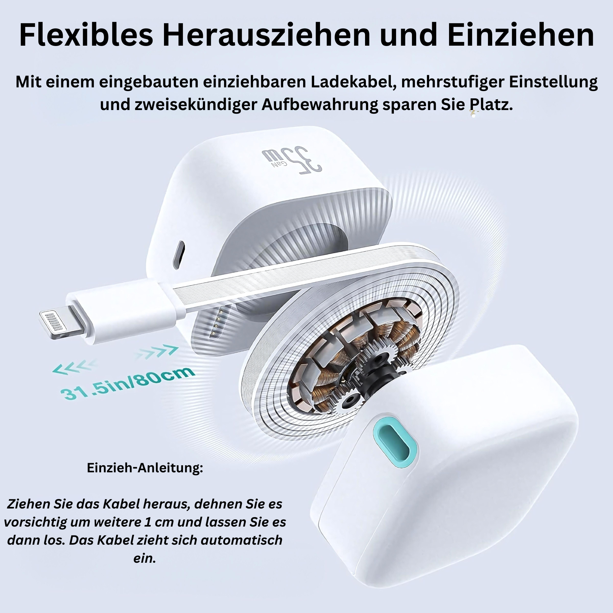 Biały kabel ładujący ze złączem Lightning i chowaną konstrukcją, ze szczegółami.