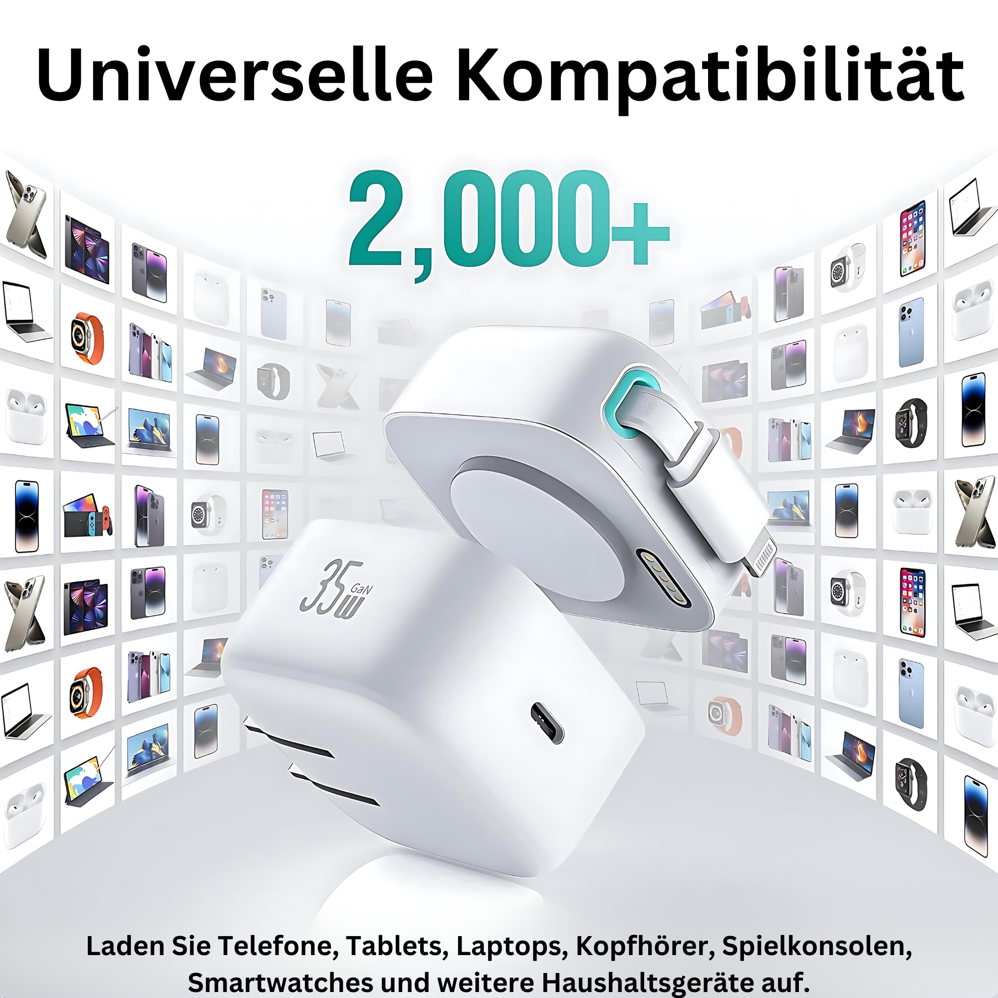 Białe urządzenie ładujące z dwoma portami ładowania i kablem, otoczone różnymi urządzeniami elektronicznymi.