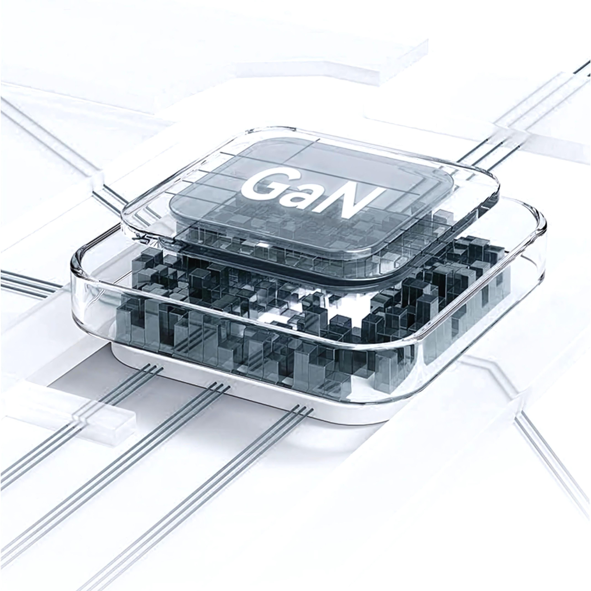 Transparenter GaN-Chip mit schwarzer Innenstruktur auf weißer Oberfläche.