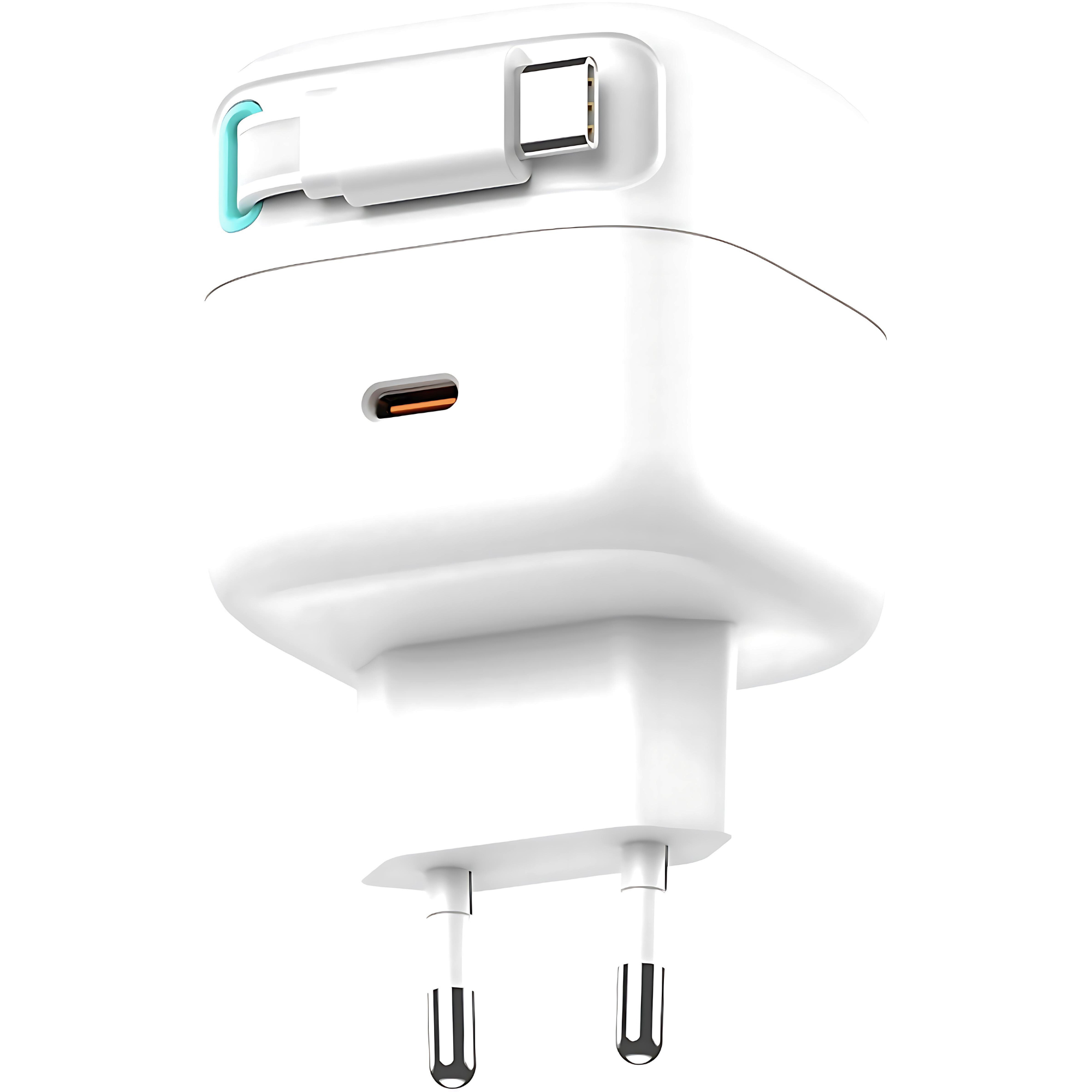 Weißes Wandladegerät mit USB-C-Anschluss und zwei Stiften. Es hat einen hellblauen Akzent.