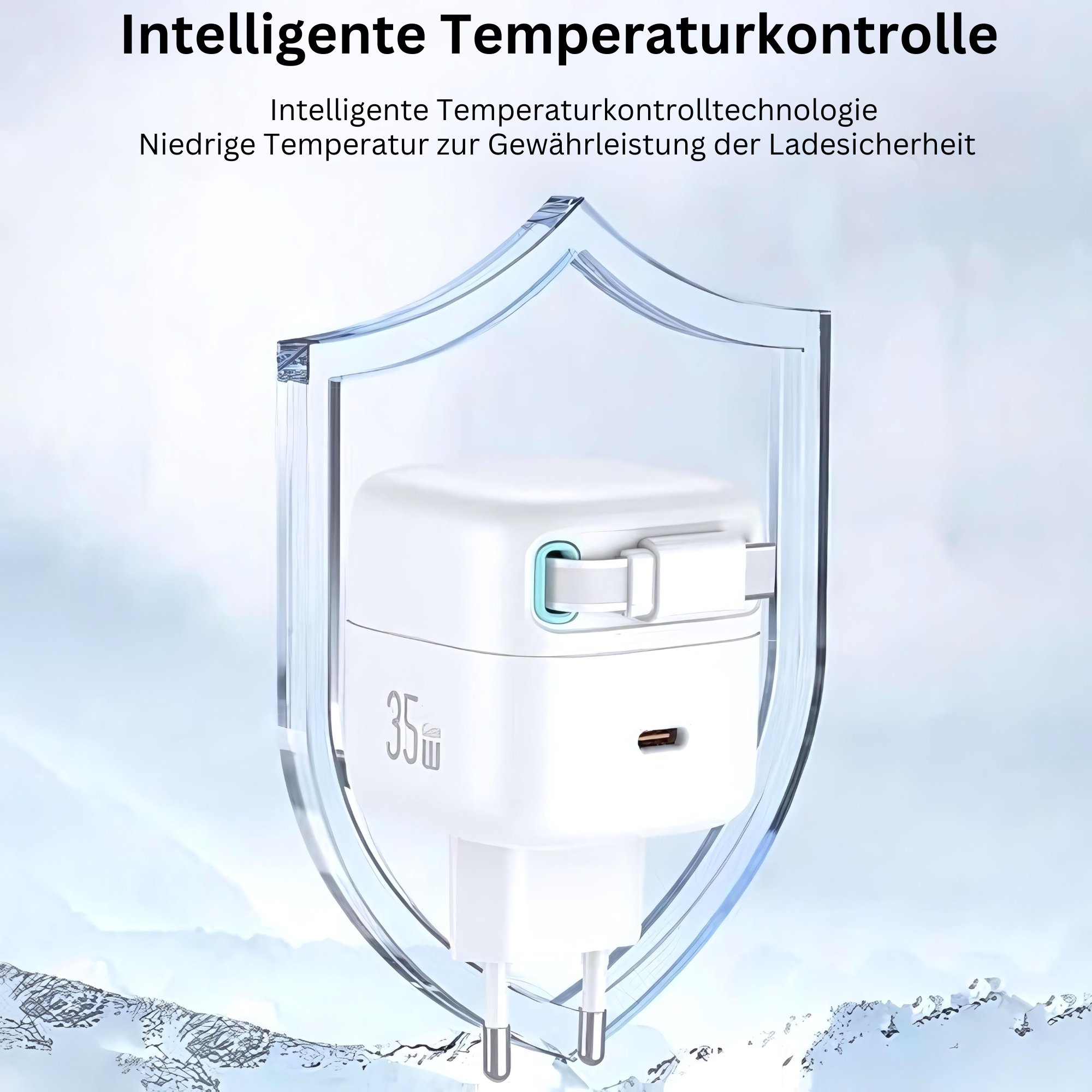 Biała i niebieska ładowarka z portem USB-C, chroniona grafiką tarczy. Tekst mówi '35W'.