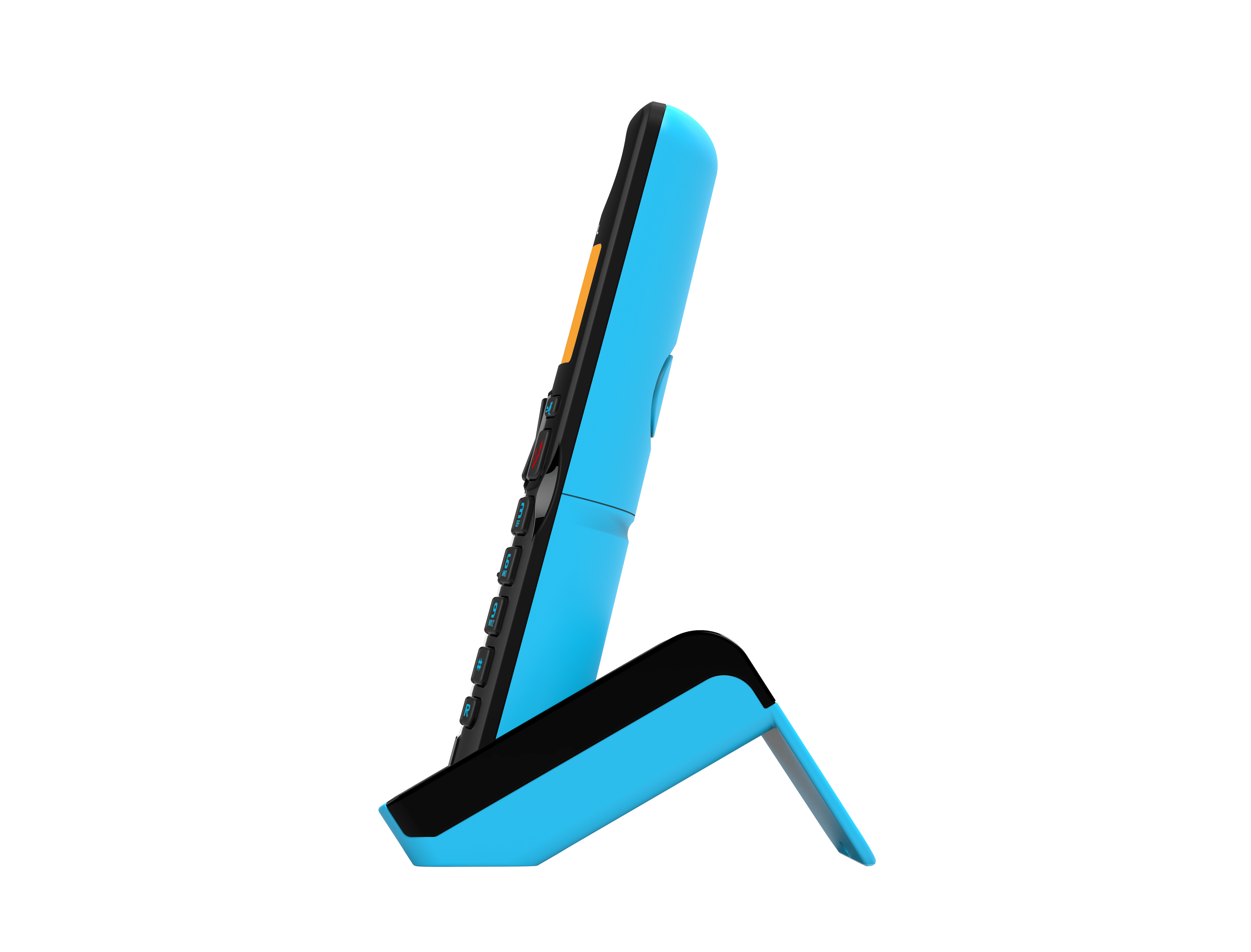 Un telefono cordless blu su un supporto, isolato.