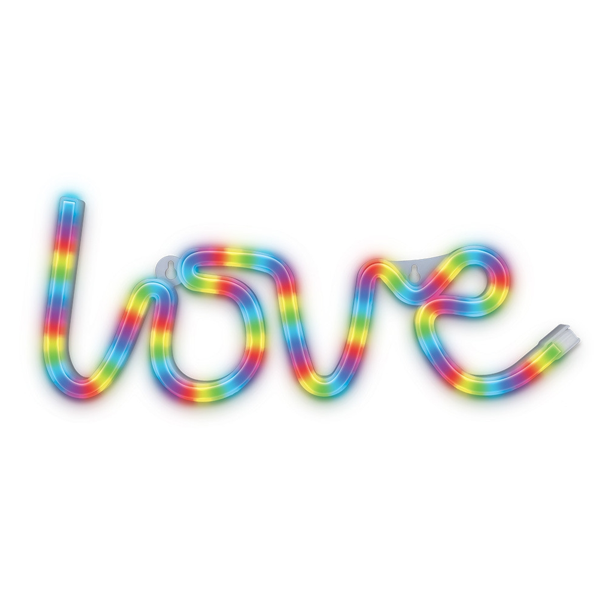 Letrero de neón con la palabra "love" en colores arcoíris.