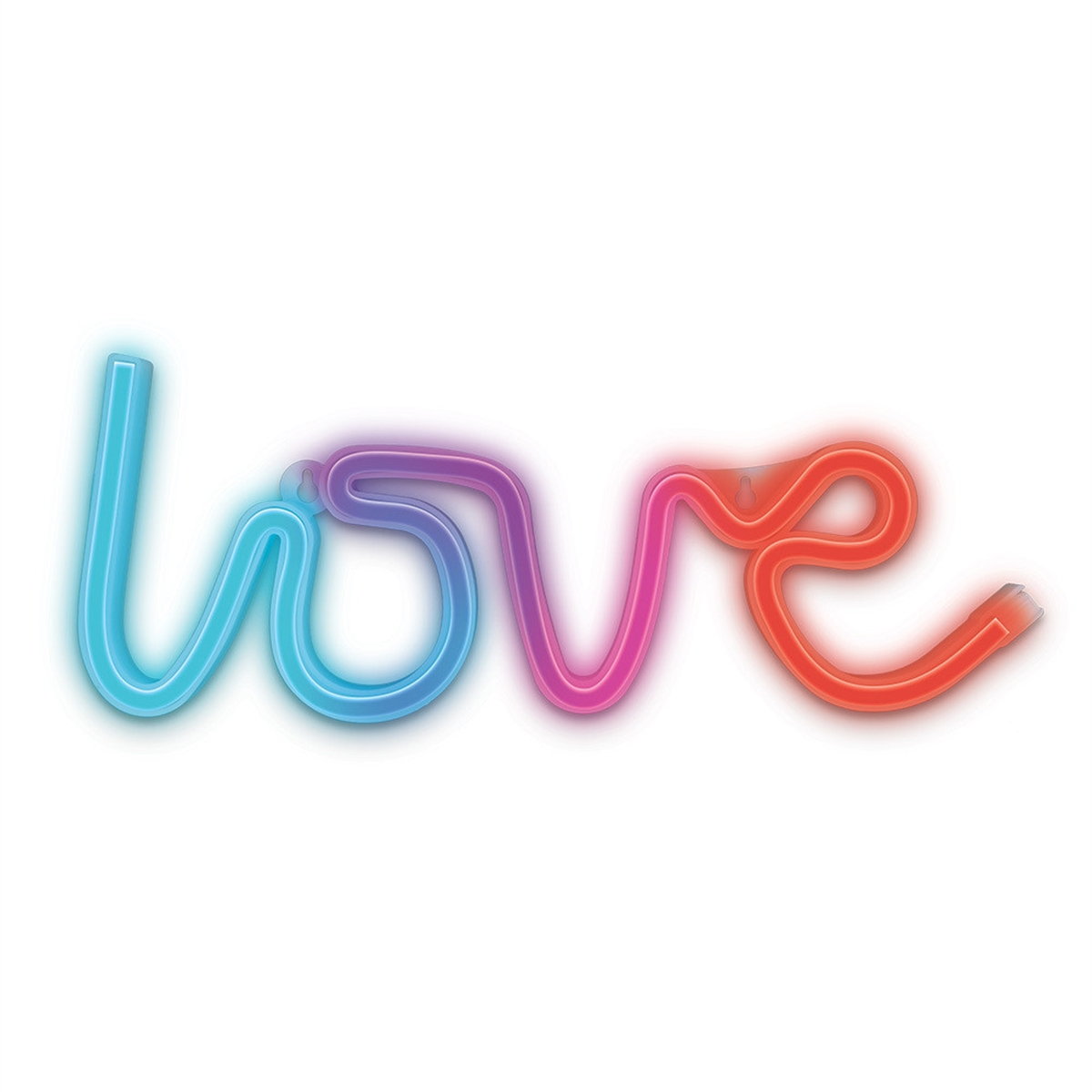 Un letrero de neón colorido dice 'amor' sobre un fondo blanco. Las letras son azules, moradas, rosas y rojas.